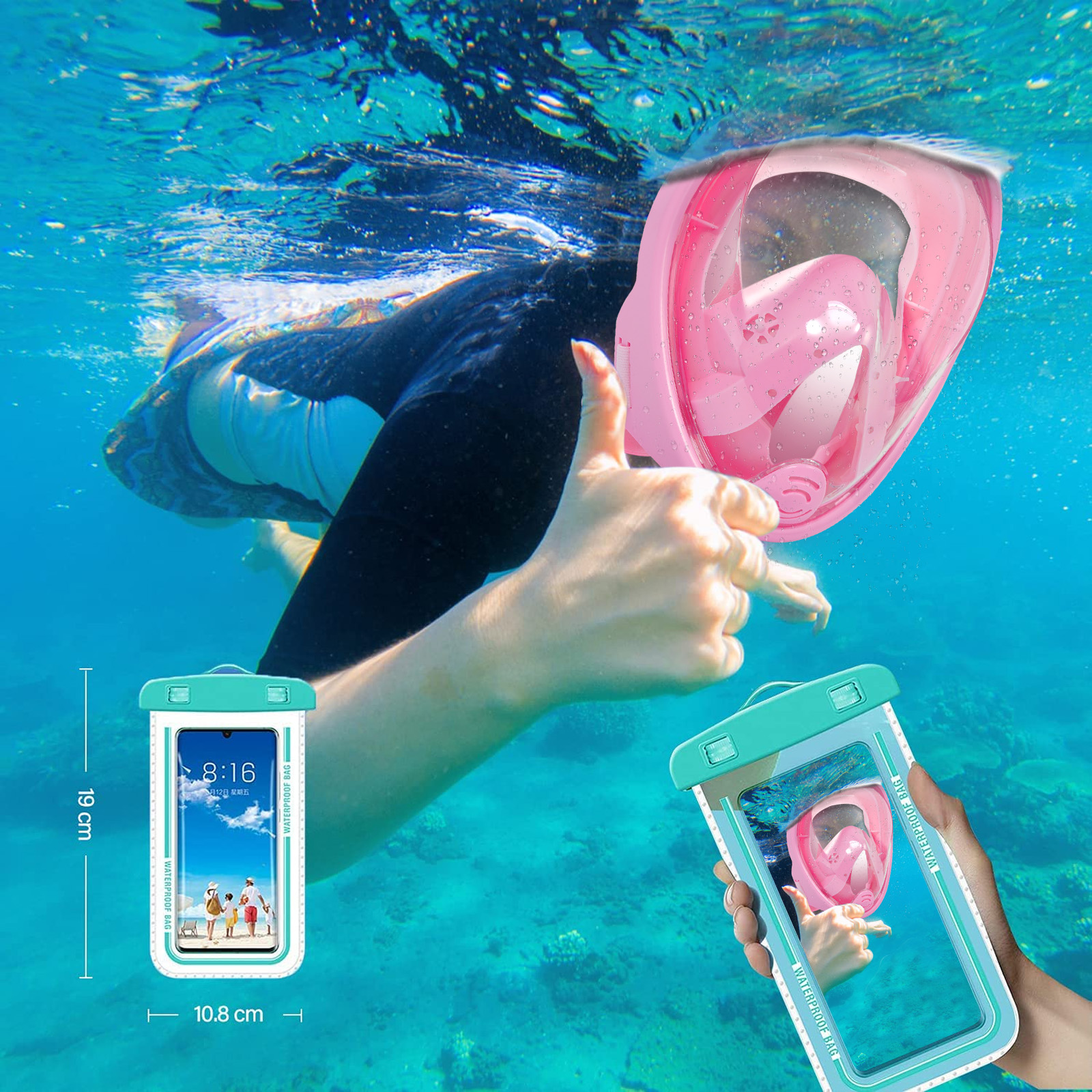 Foto 5 pulgar | Máscara de Buceo Generac Paquetes de Esnórquel, Mascarilla Pleno con Bolsa Impermeable, Color Rosa Vista De 180° Tal