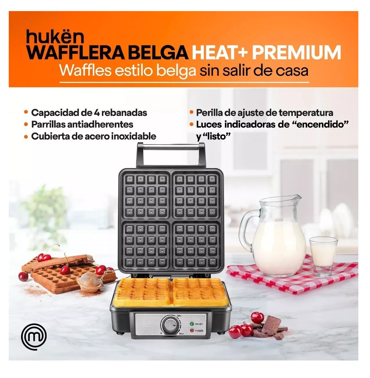 Foto 6 pulgar | Waflera Belga MasterChef Plateada Heat+ Premium 4 Rebanadas