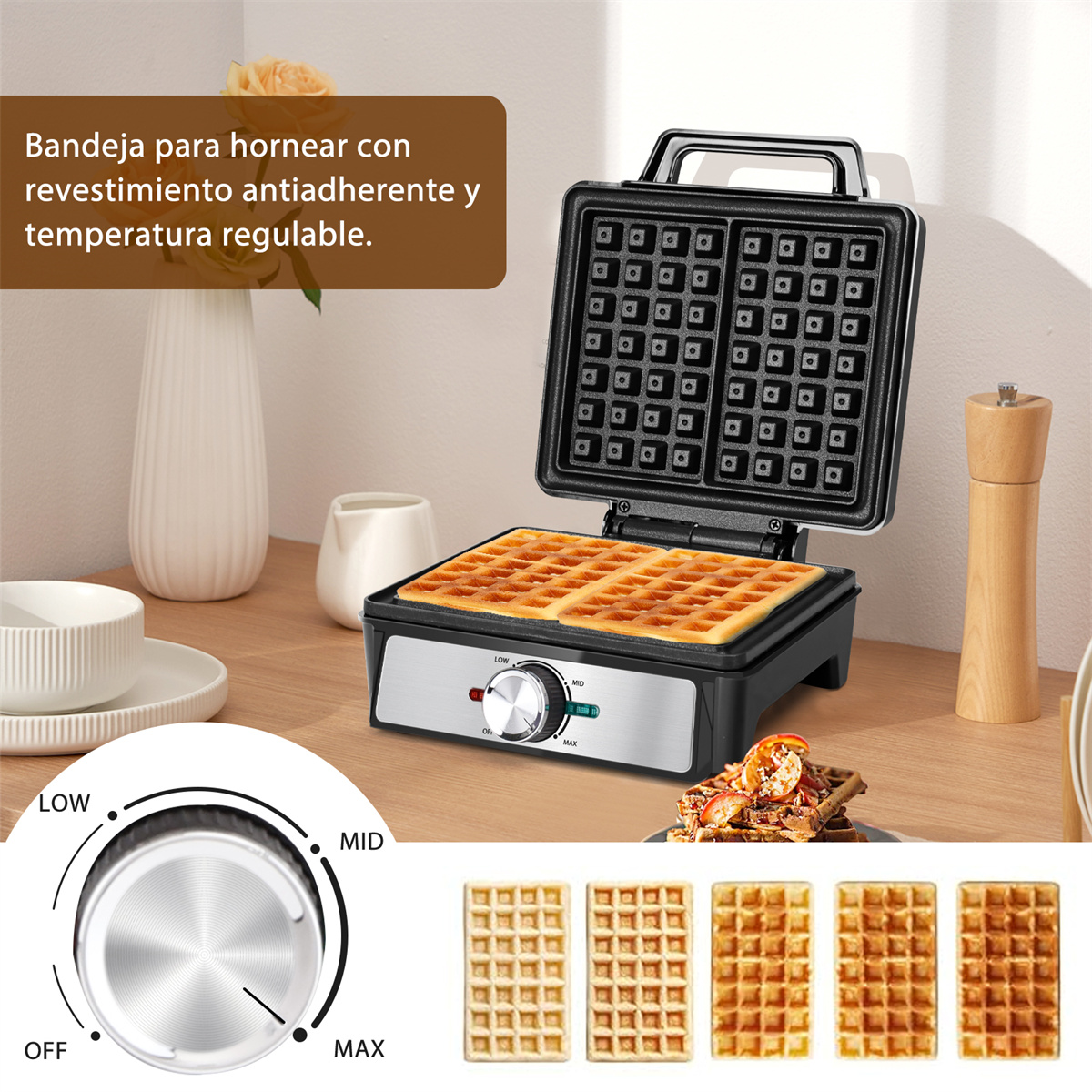 Foto 3 | Waflera Eléctrica Antiadherente 4 Rebanadas Hacer Desayunos Color Negro Aigostar