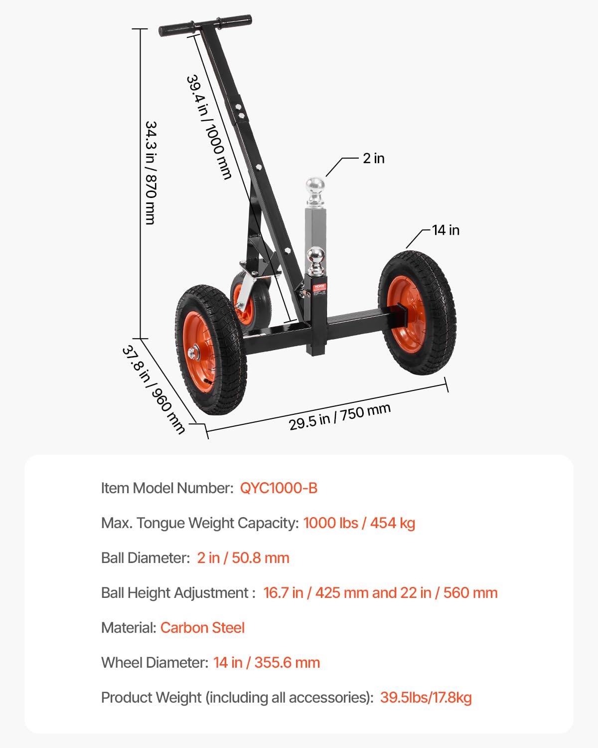 Foto 7 | Remolque Dolly Vevor Con Lengüeta De 1000 Libras Y Altura Ajustable - Venta Internacional.