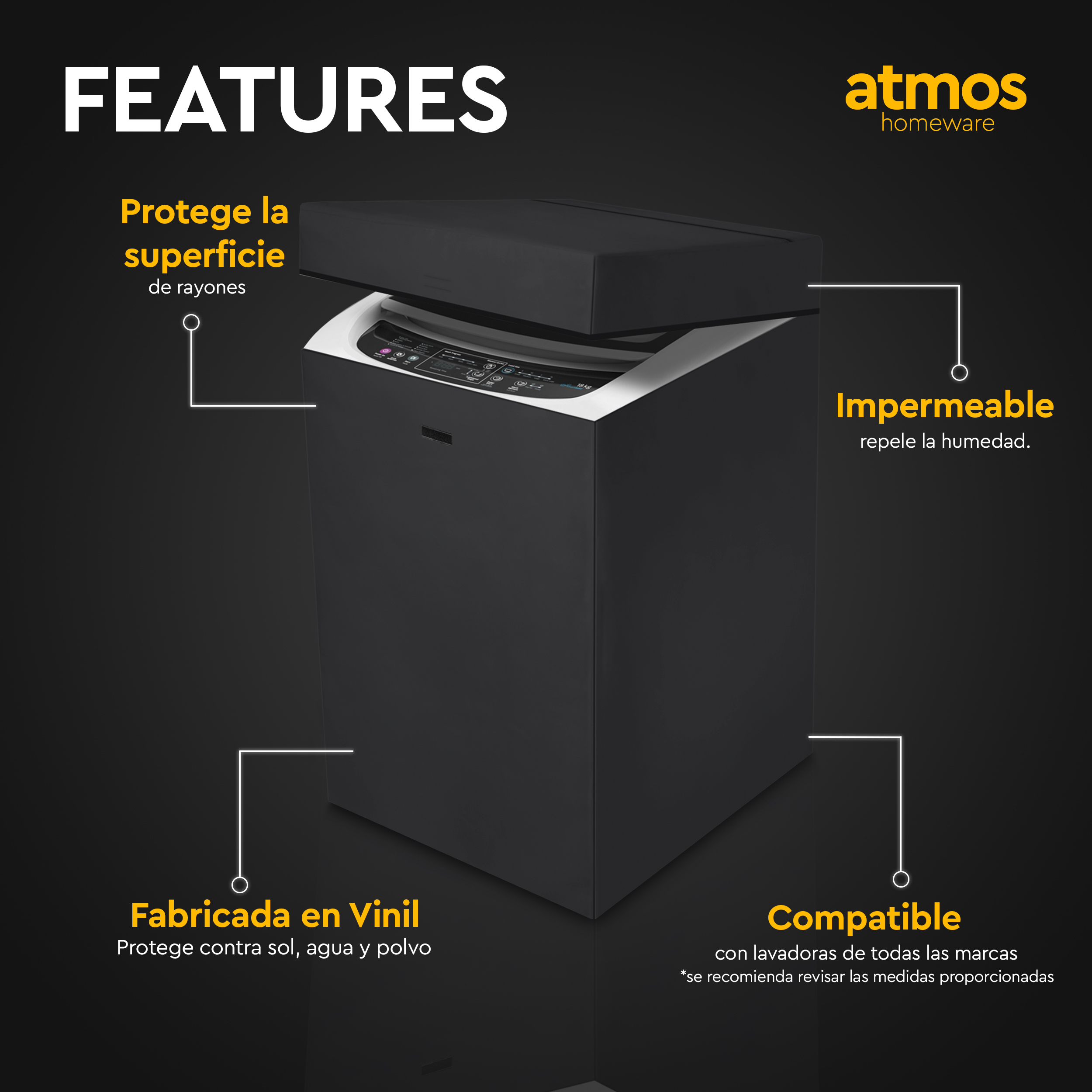 Foto 2 | Funda Para Lavadora De Carga Superior Digital Con Velcro Atmos Homeware Negra