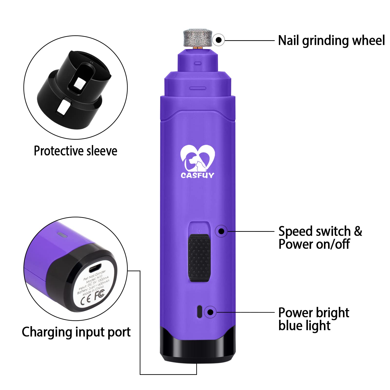 Foto 6 pulgar | Molinillo De Uñas Para Perros Casfuy, Mejorado, Eléctrico, 2 Velocidades, Morado - Venta Internacional.