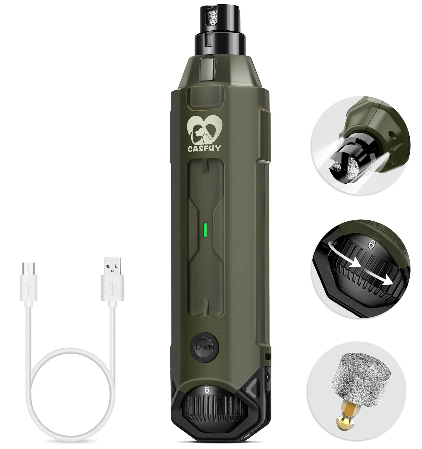 Foto 2 pulgar | Molinillo De Uñas Para Perros Casfuy, Eléctrico, Recargable, 6 Velocidades, Color Verde Militar - Venta Internacional.