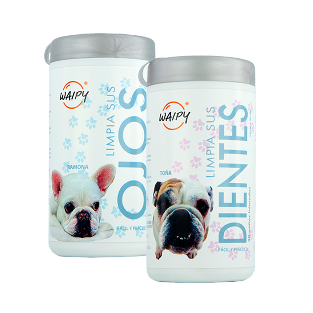 Waipy 2 Pack Toallitas Humedas Limpieza Dental  + Limpiadoras De Ojos Para Mascotas | Seguras Para Perros Y Gatos