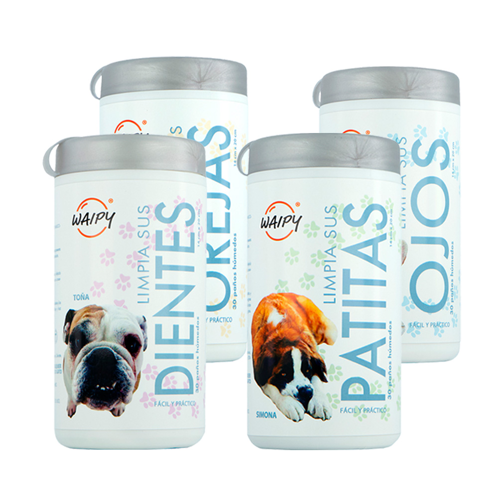 Waipy Mega 4 Pack Toallas Húmedas Para Mascotas| Limpiador De Patas, Limpieza Dental, Limpiador De Oidos Y Limpia