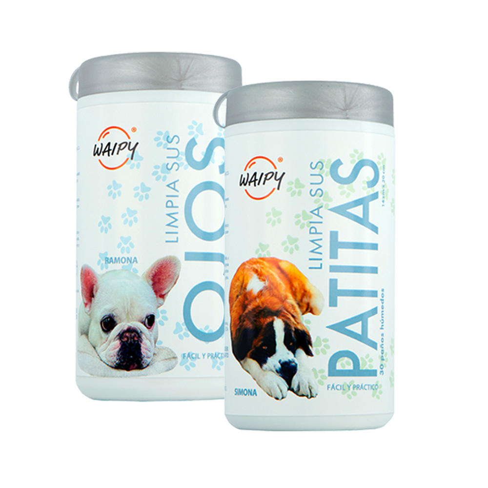 Waipy Pack 2 Toallitas Humedas Limpia Patitas + Limpiadoras De Ojos Para Mascotas | Suaves Y Seguras Para Perros Y Gatos