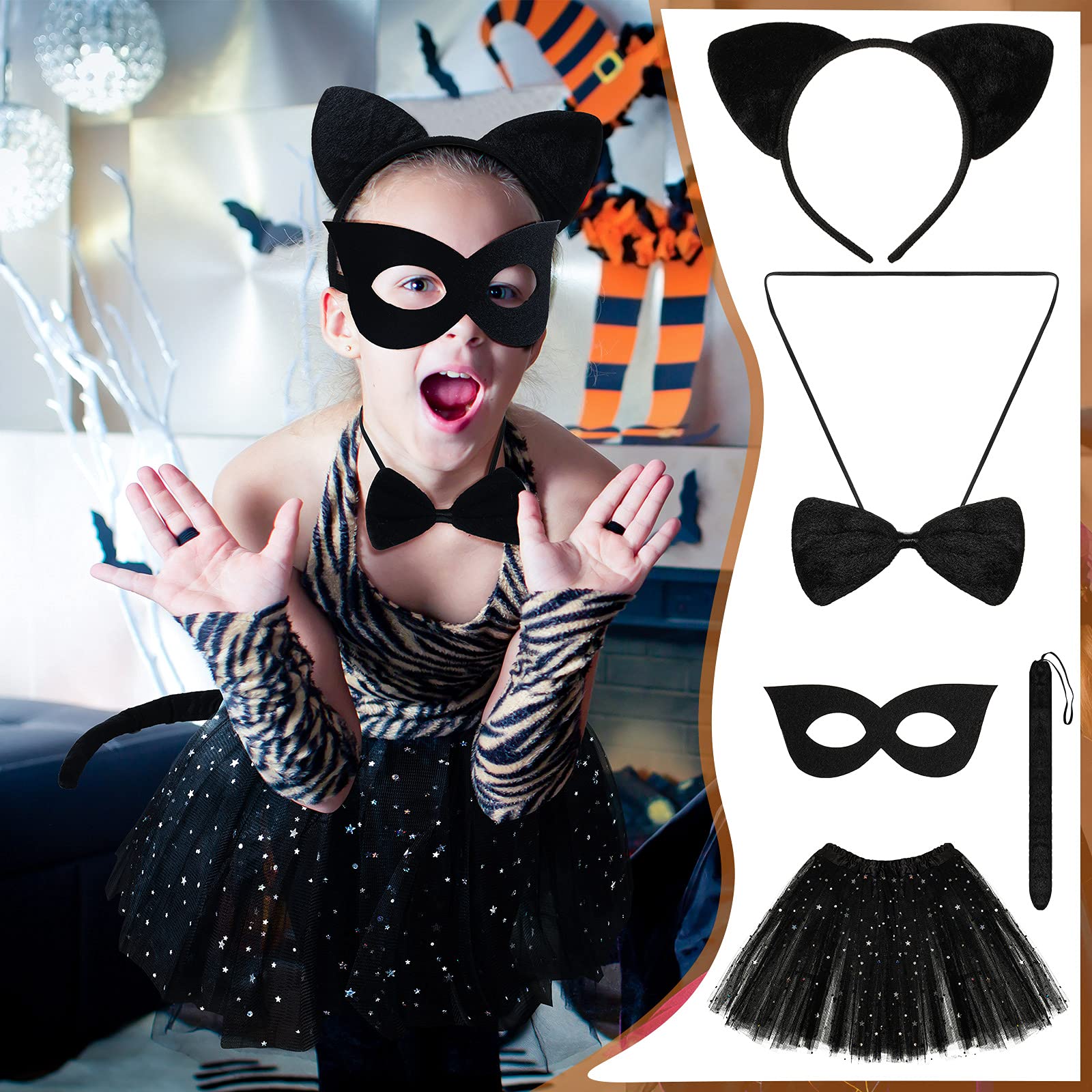 Foto 4 | Set De Disfraz Skylety Black Cat Para Niños Con Diadema, Cola Y Pajarita - Venta Internacional.