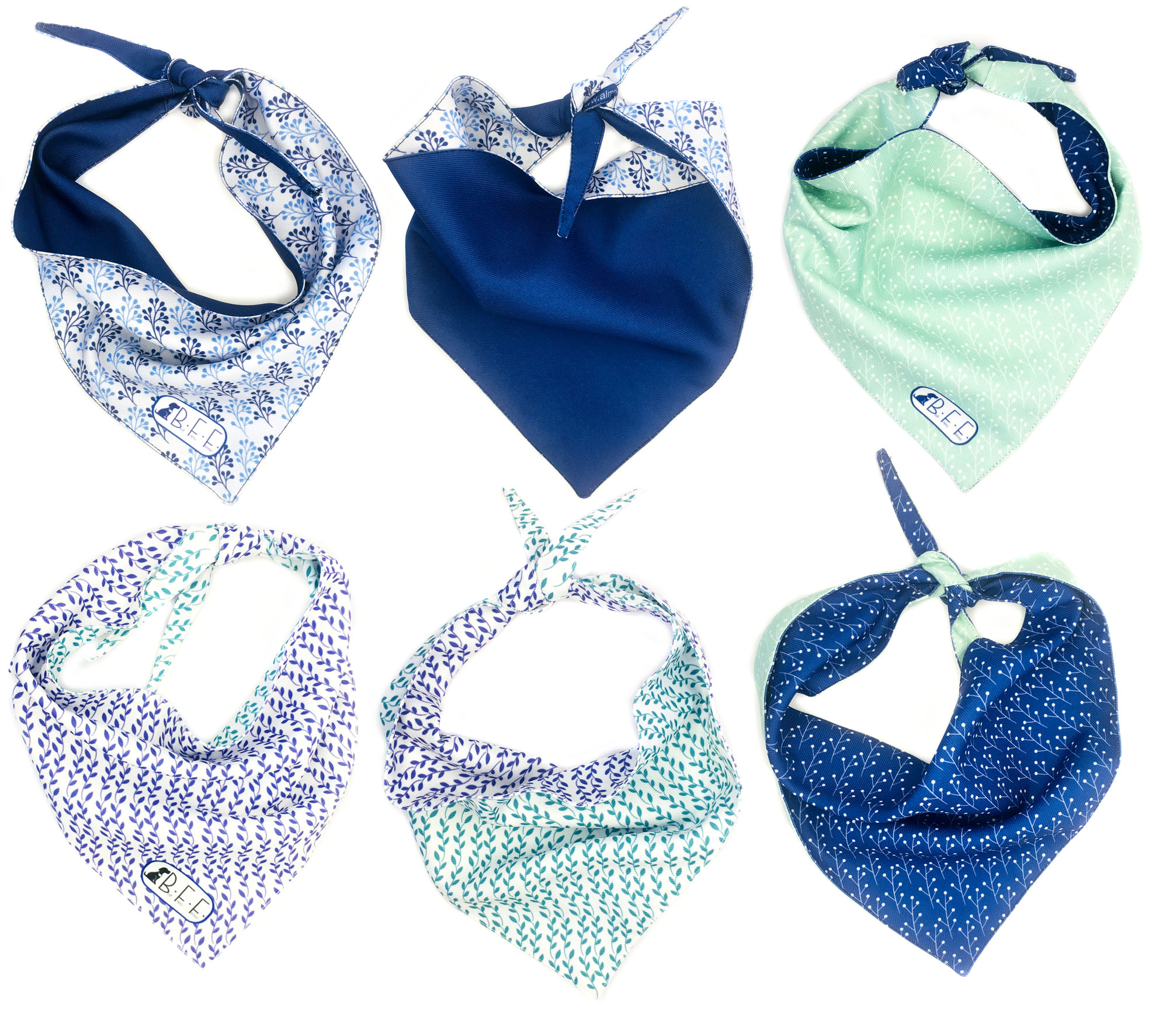 Kit 3 Bandanas Artesanales Para Perro Bff 011b-floral Azul Paliacate Doble Vista 6 Looks Diferentes.