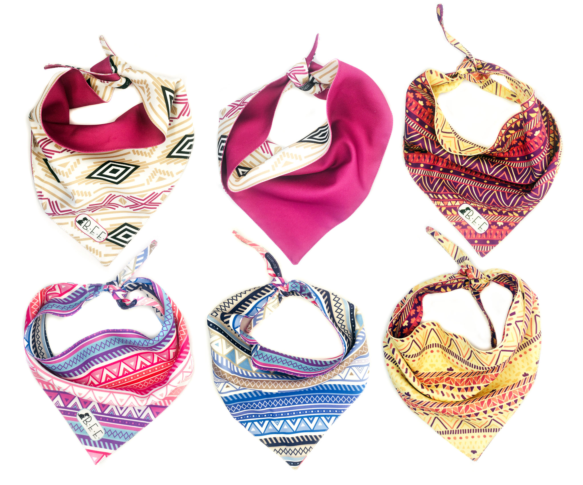 Kit 3 Bandanas Artesanales Para Perro Bff 013-boho Magenta Paliacate Doble Vista 6 Looks Diferentes.