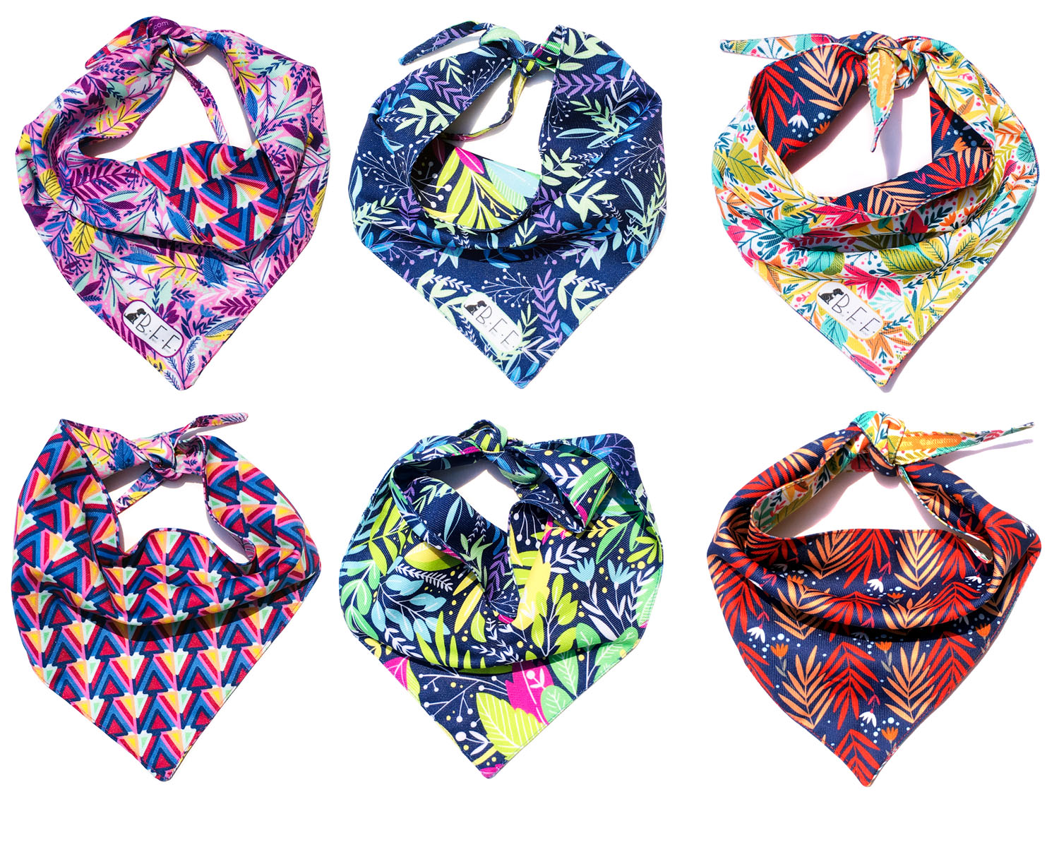 Kit 3 Bandanas Artesanales Para Perro Bff 021-hojas Geométricas Paliacate Doble Vista 6 Looks Diferentes.