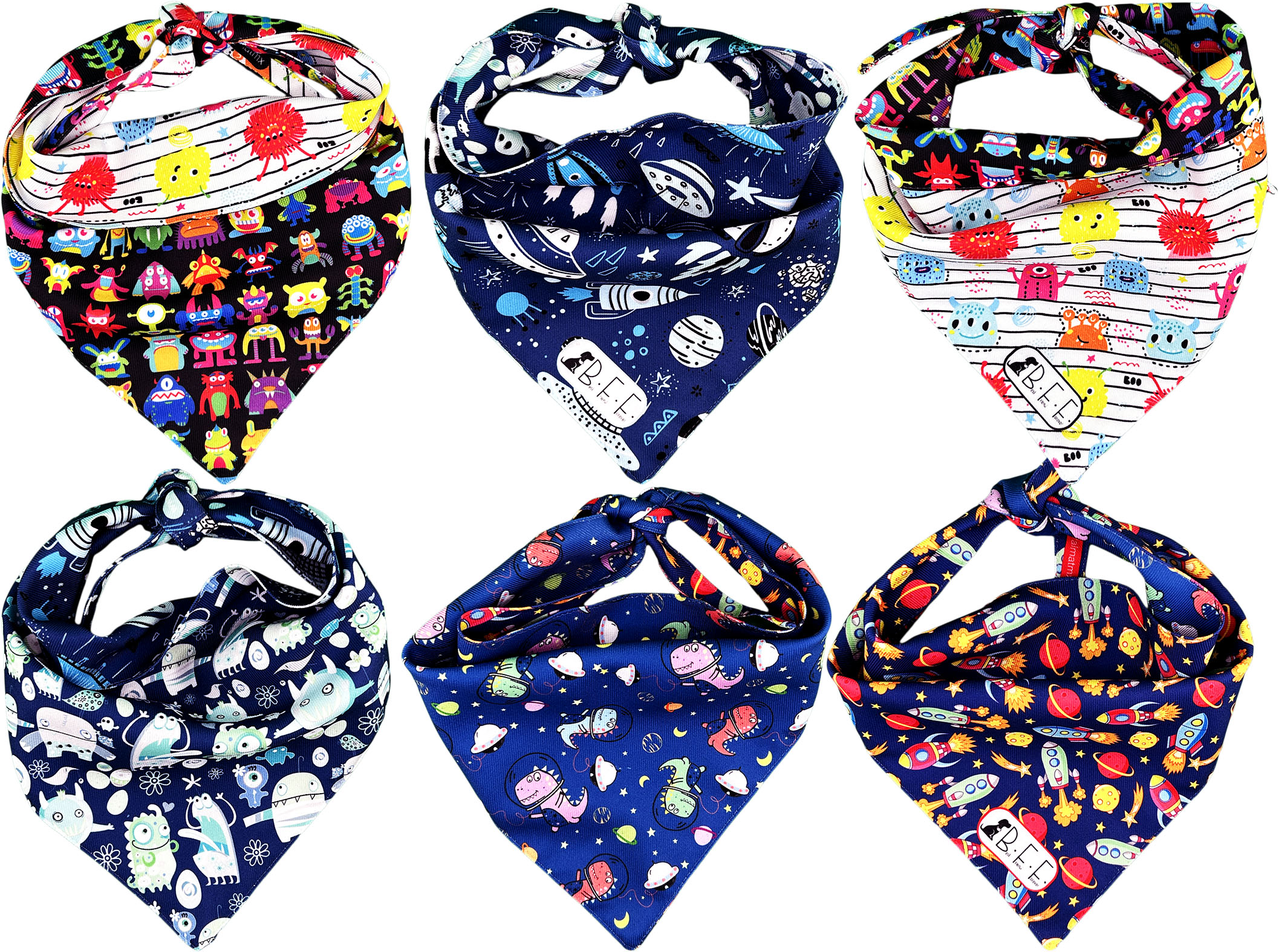 Kit 3 Bandanas Artesanales Para Perro Bff 037-espacio Paliacate Doble Vista 6 Looks Diferentes.