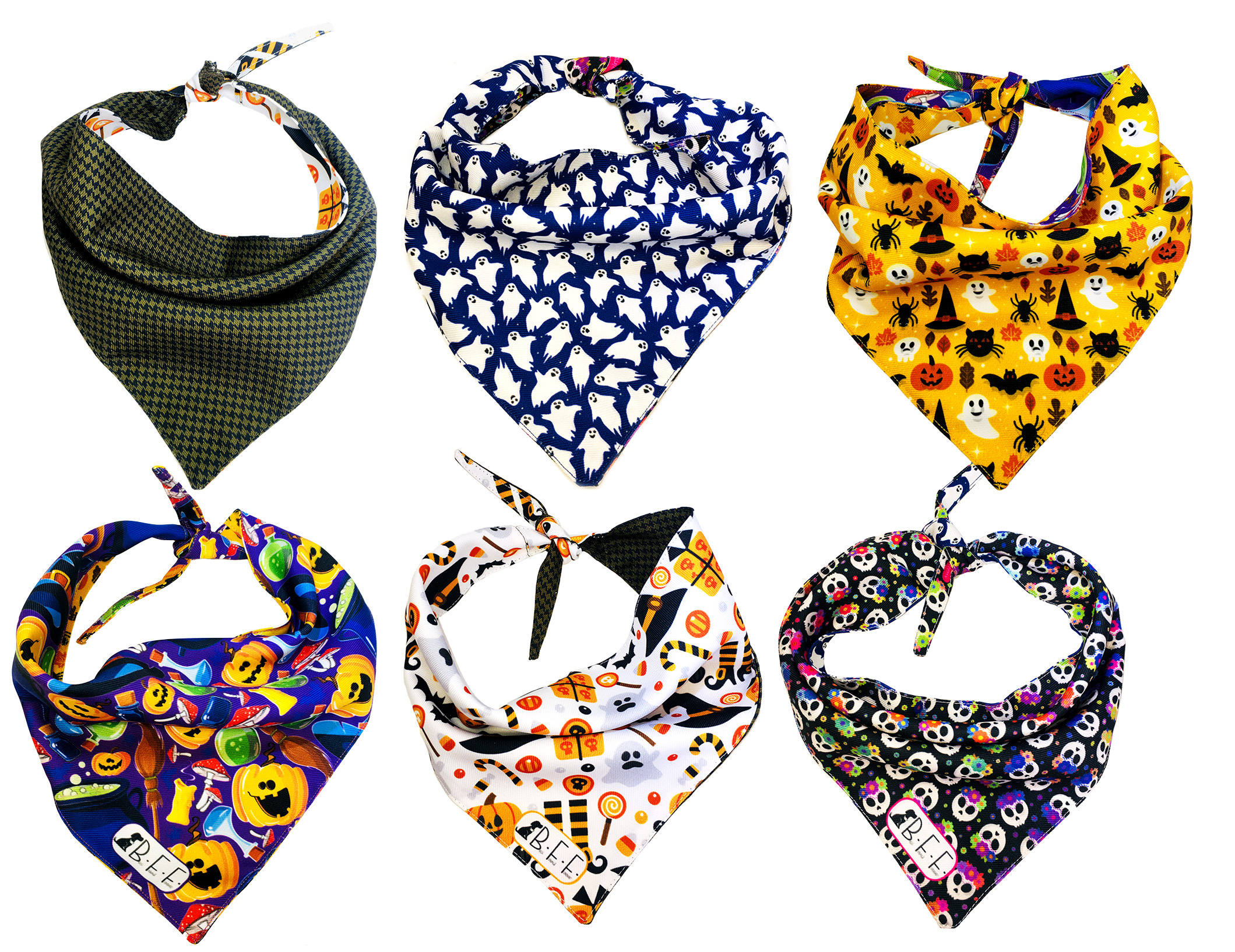 Kit 3 Bandanas Artesanales Para Perro Bff 025-halloween Paliacate Doble Vista 6 Looks Diferentes.