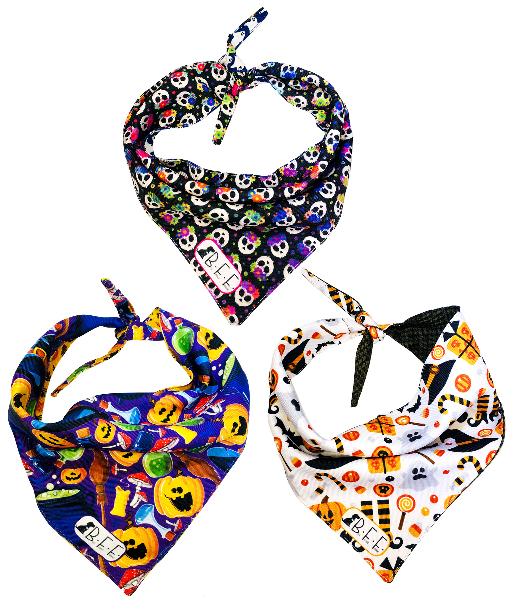 Foto 4 pulgar | Kit 3 Bandanas Artesanales Para Perro Bff 025-halloween Paliacate Doble Vista 6 Looks Diferentes.