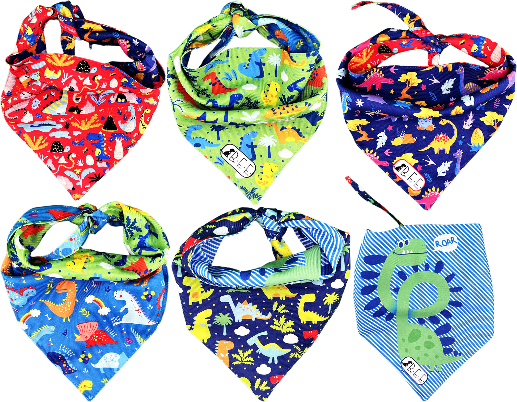 Foto 2 pulgar | Kit 3 Bandanas Artesanales Para Perro Bff 032-dinosaurios Paliacate Doble Vista 6 Looks Diferentes.