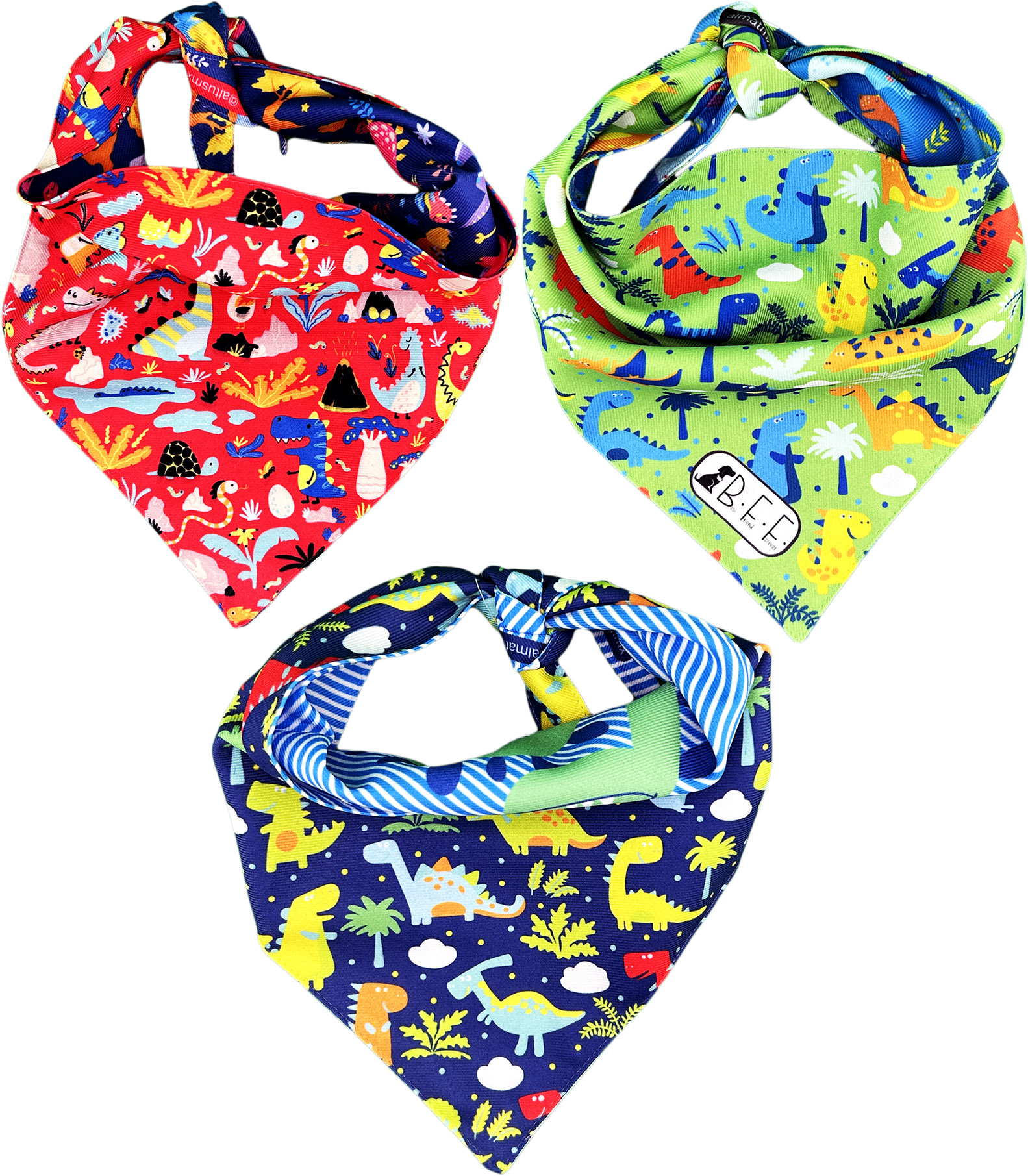 Foto 4 pulgar | Kit 3 Bandanas Artesanales Para Perro Bff 032-dinosaurios Paliacate Doble Vista 6 Looks Diferentes.