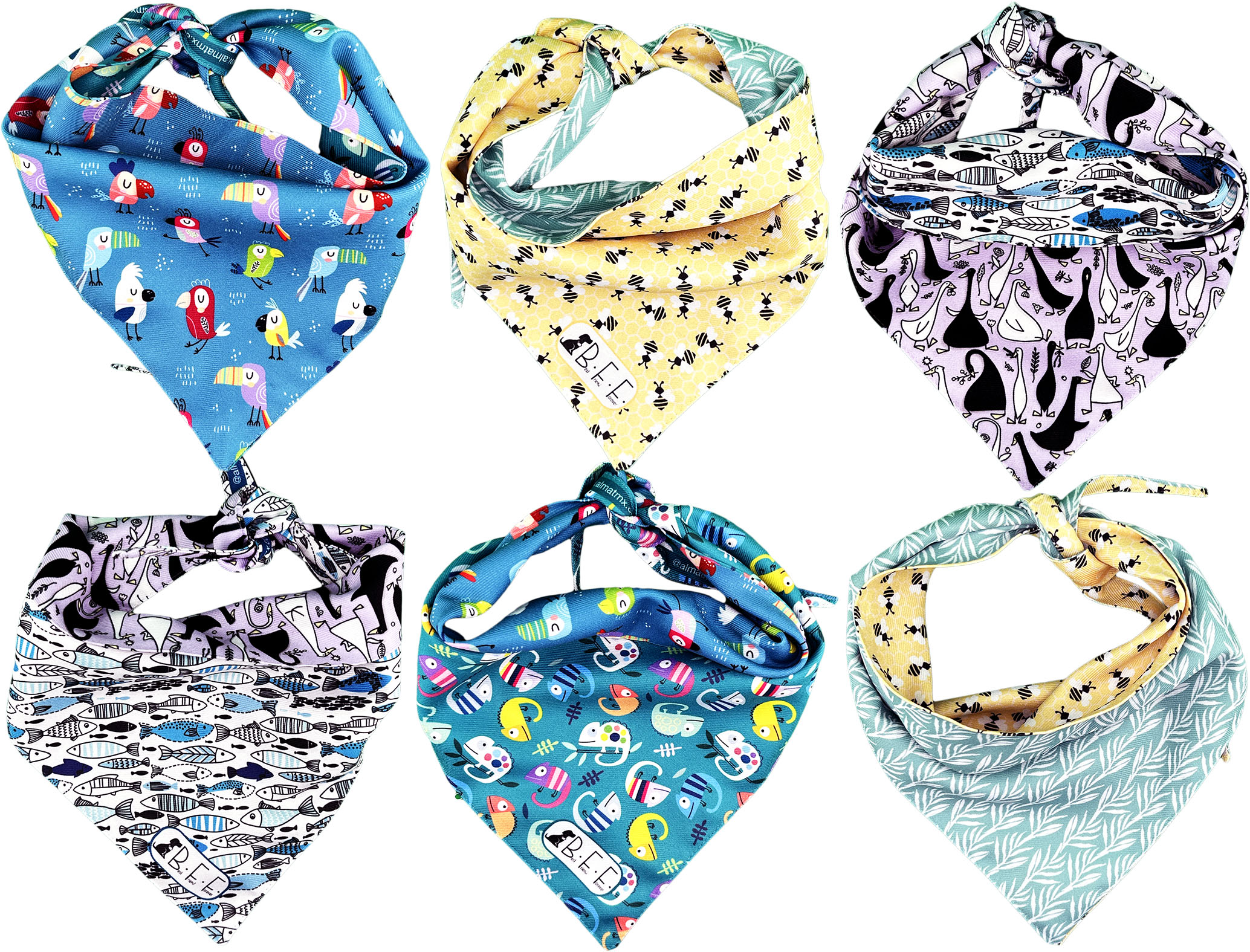 Kit 3 Bandanas Artesanales Para Perro Bff 034-animales Paliacate Doble Vista 6 Looks Diferentes.