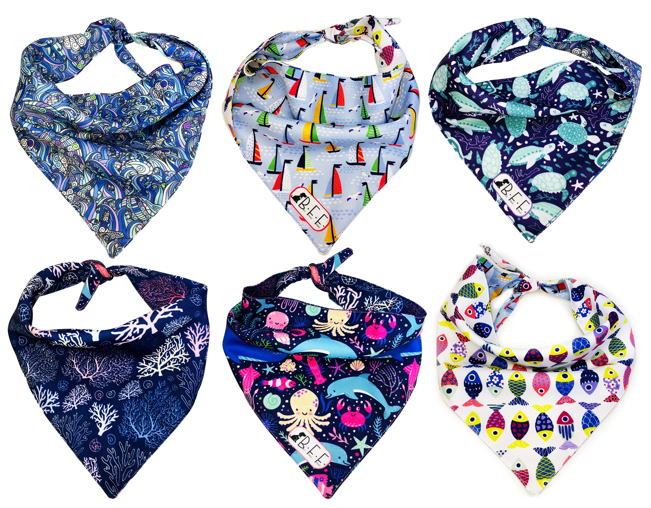 Kit 3 Bandanas Artesanales Para Perro Bff 024-sea - Paliacate Doble Vista 6 Looks Diferentes.