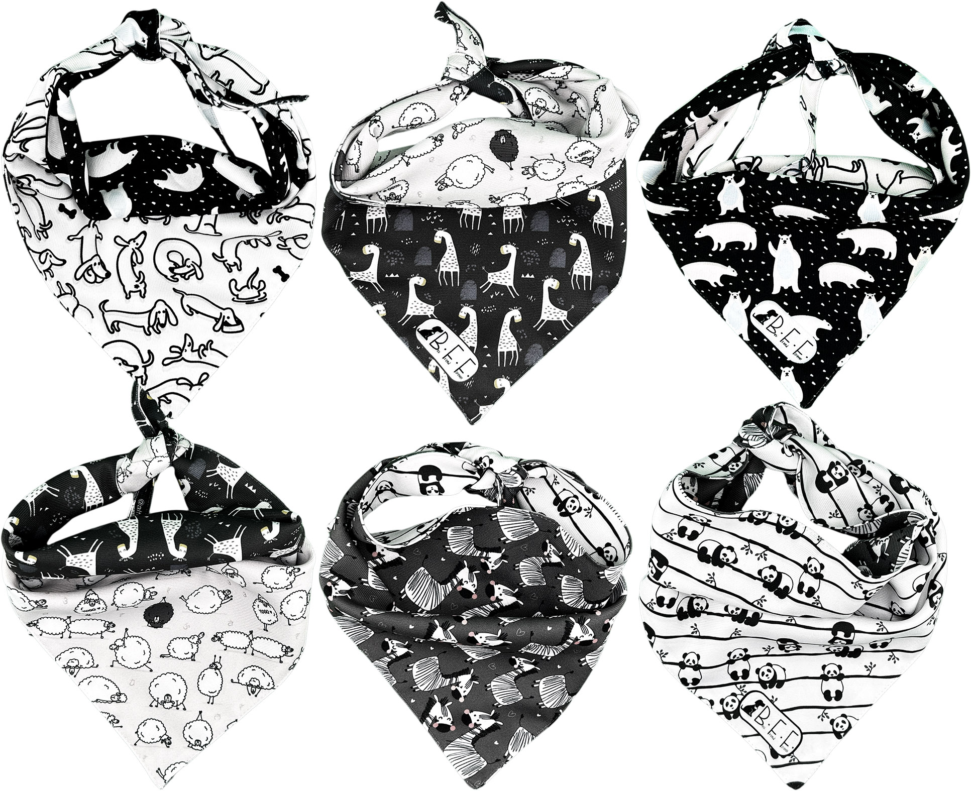 Foto 2 pulgar | Kit 3 Bandanas Artesanales Para Perro Bff 031-blanco Y Negro Paliacate Doble Vista 6 Looks Diferentes.