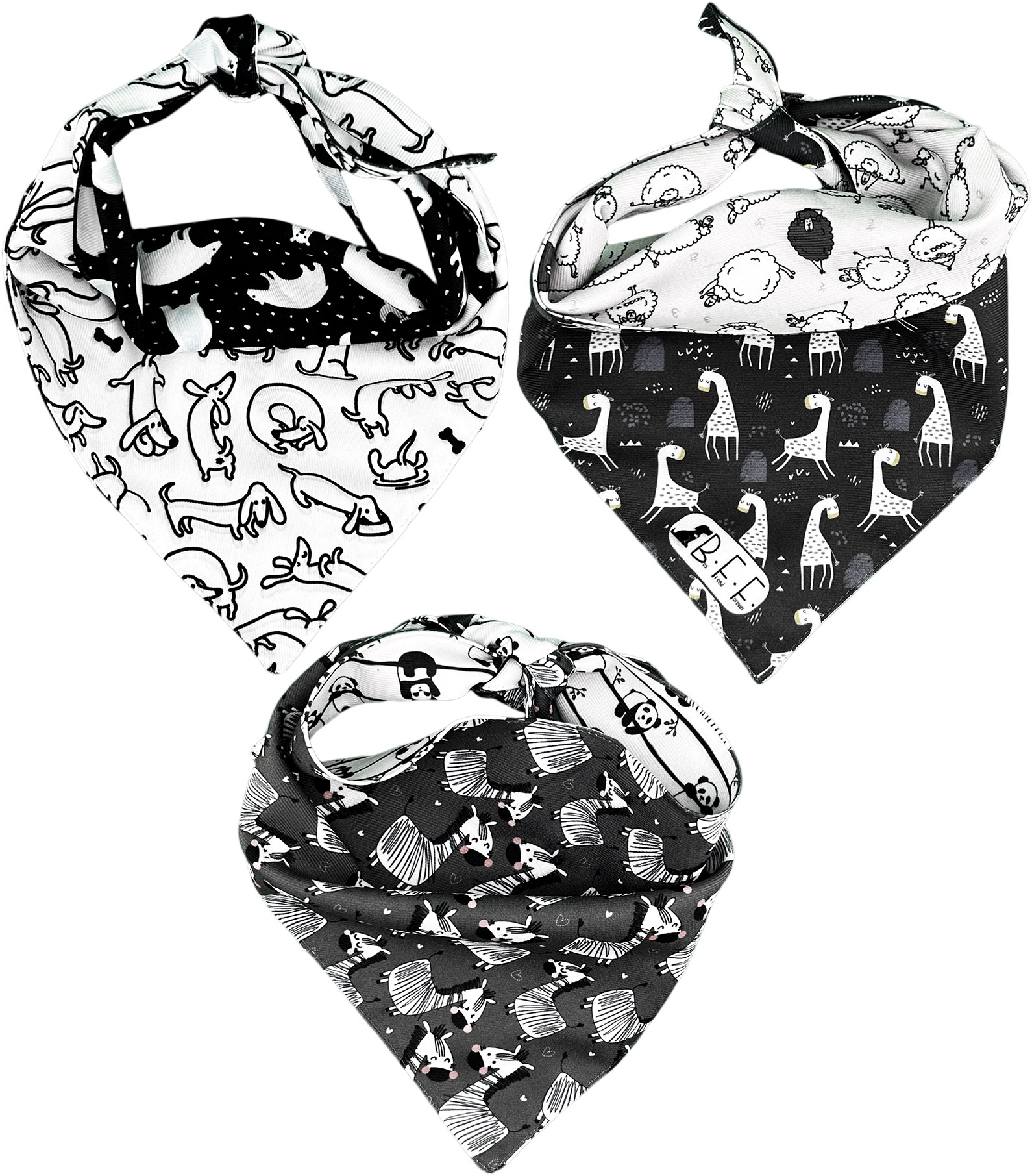 Foto 4 pulgar | Kit 3 Bandanas Artesanales Para Perro Bff 031-blanco Y Negro Paliacate Doble Vista 6 Looks Diferentes.