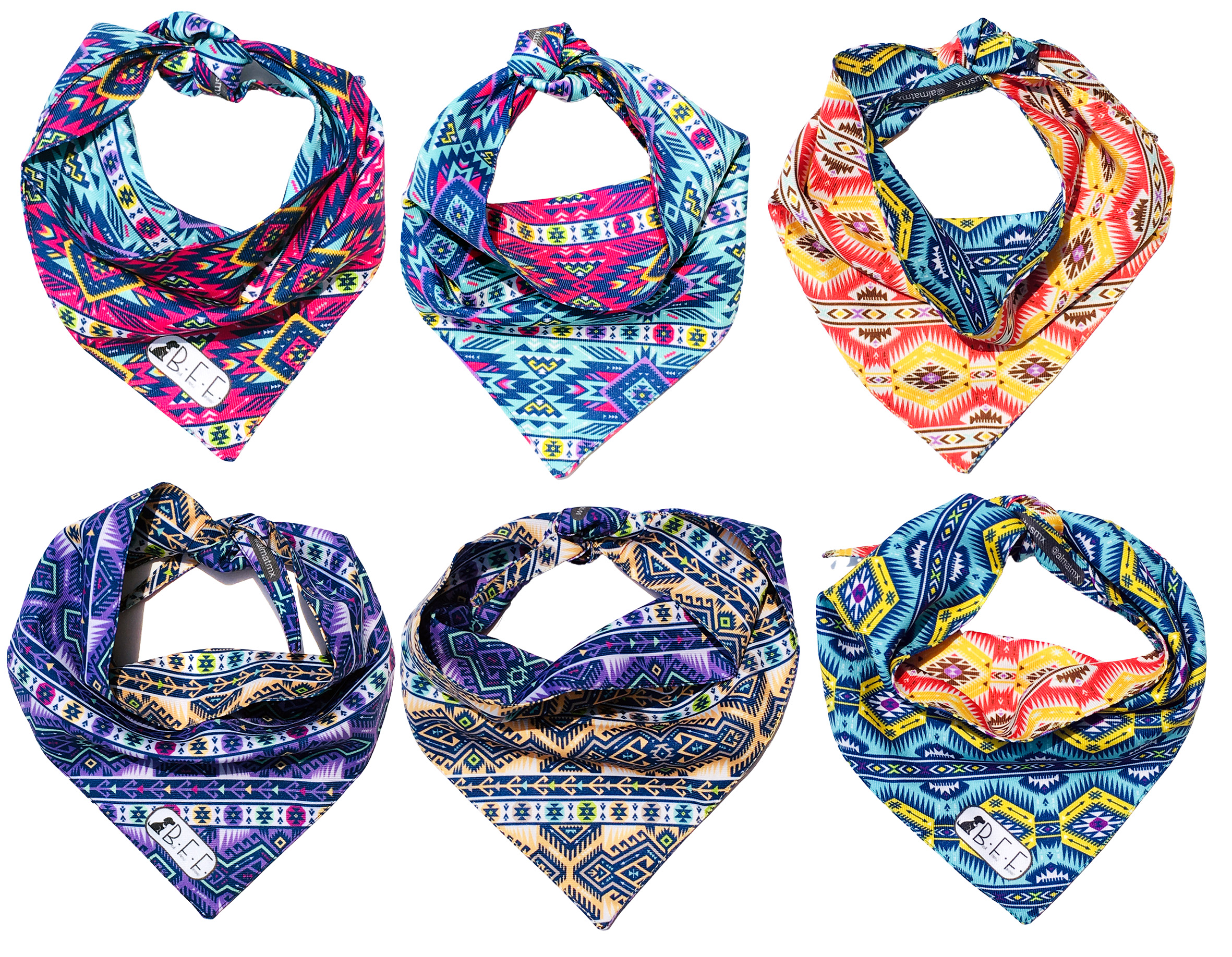 Kit 3 Bandanas Artesanales Para Perro Bff 023-aztec Paliacate Doble Vista 6 Looks Diferentes.