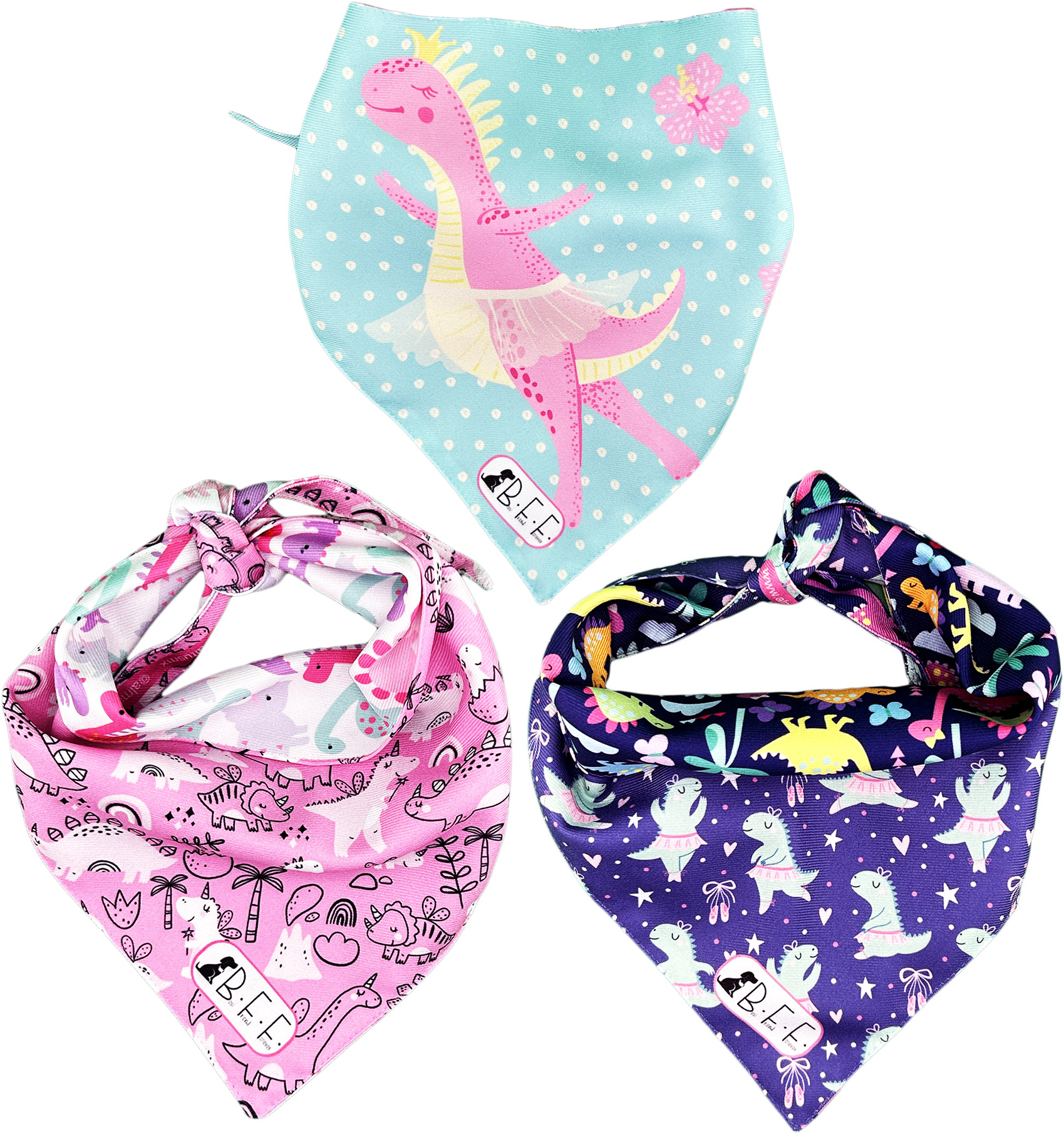 Foto 3 pulgar | Kit 3 Bandanas Artesanales Para Perro Bff 033-dinosaurias Paliacate Doble Vista 6 Looks Diferentes.