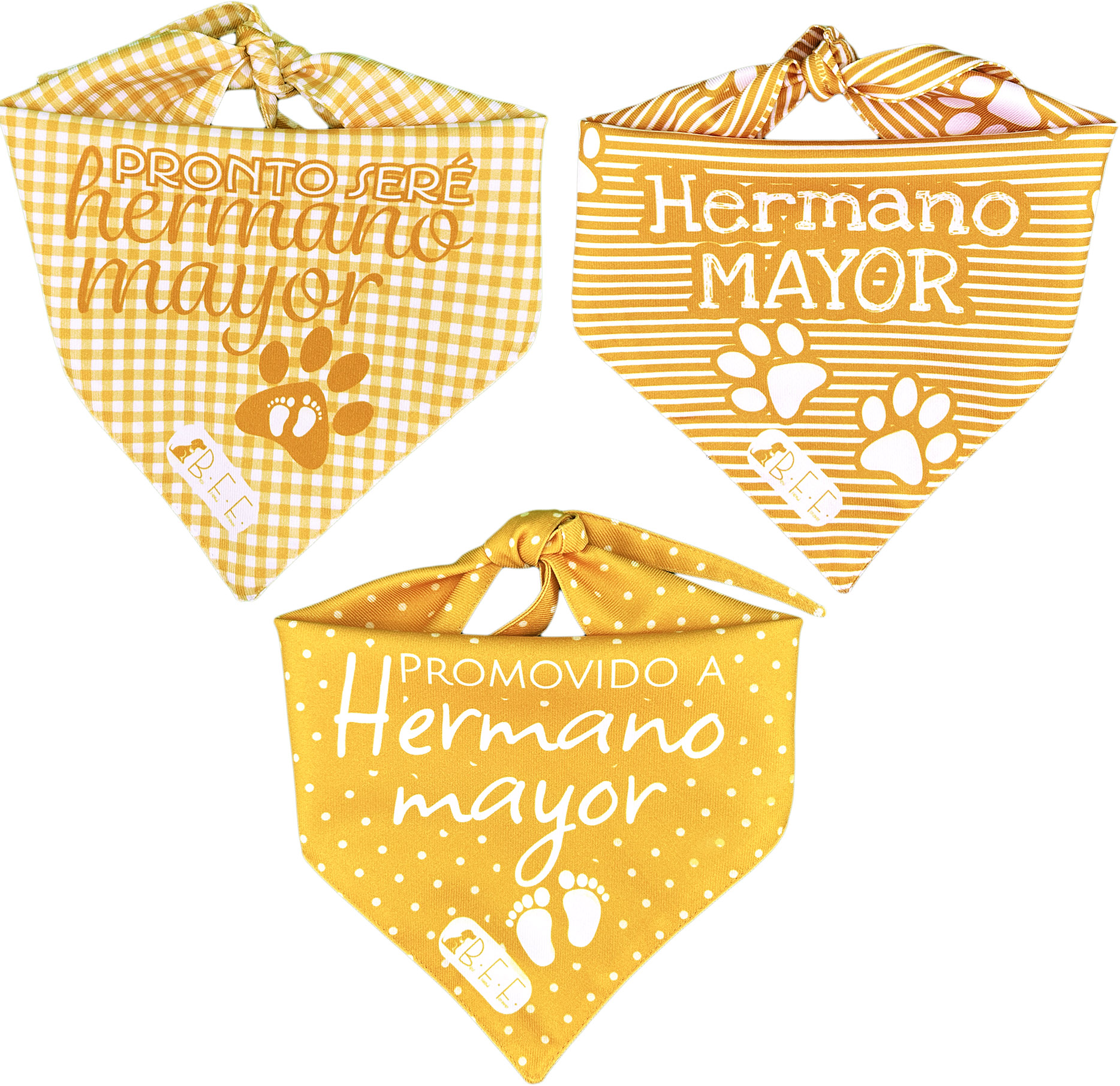 Foto 2 | Kit 3 Bandanas Artesanales Para Perro Bff 040-hermano Mayor-mostaza Paliacate Doble Vista 6 Looks Diferentes