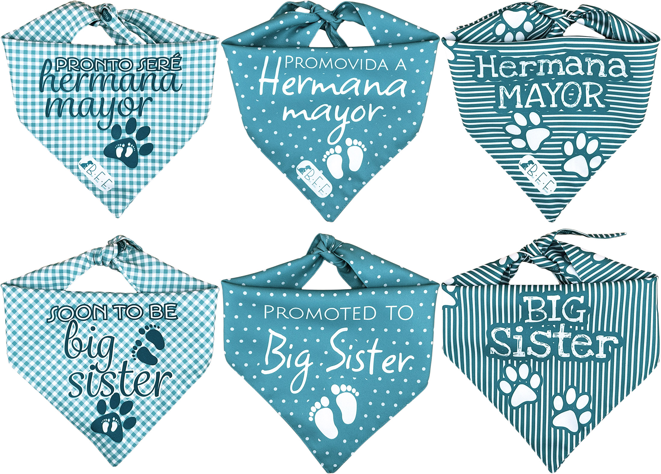 Kit 3 Bandanas Artesanales Para Perro Bff 040-hermana Mayor-agua-paliacate Doble Vista 6 Looks Diferentes.