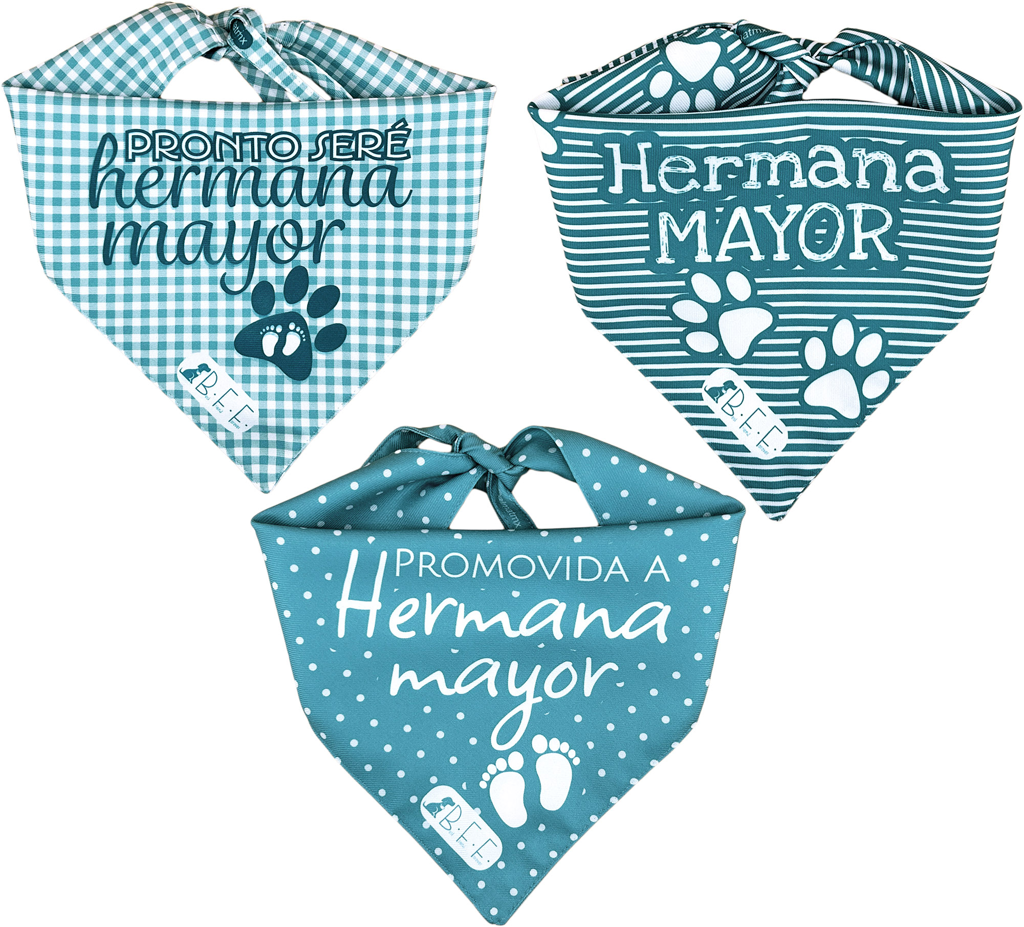 Foto 2 | Kit 3 Bandanas Artesanales Para Perro Bff 040-hermana Mayor-agua-paliacate Doble Vista 6 Looks Diferentes.