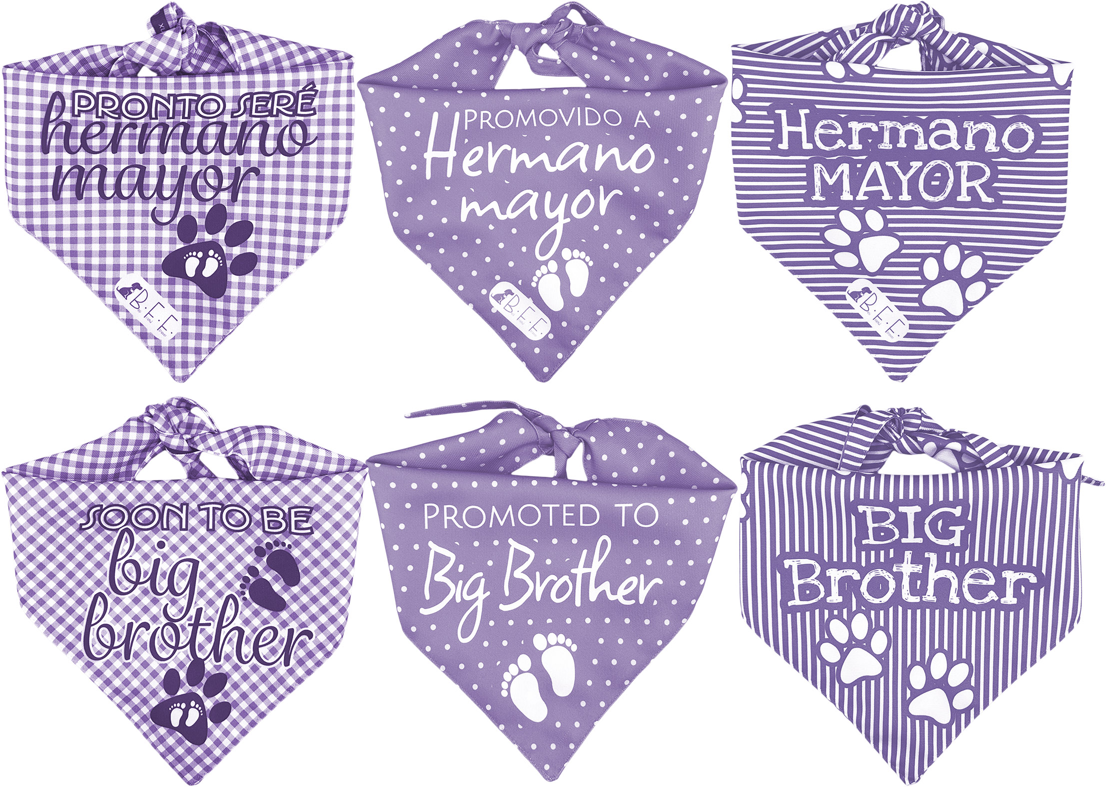 Kit 3 Bandanas Artesanales Para Perro Bff 040-hermano Mayor-lavanda Paliacate Doble Vista 6 Looks Diferentes.