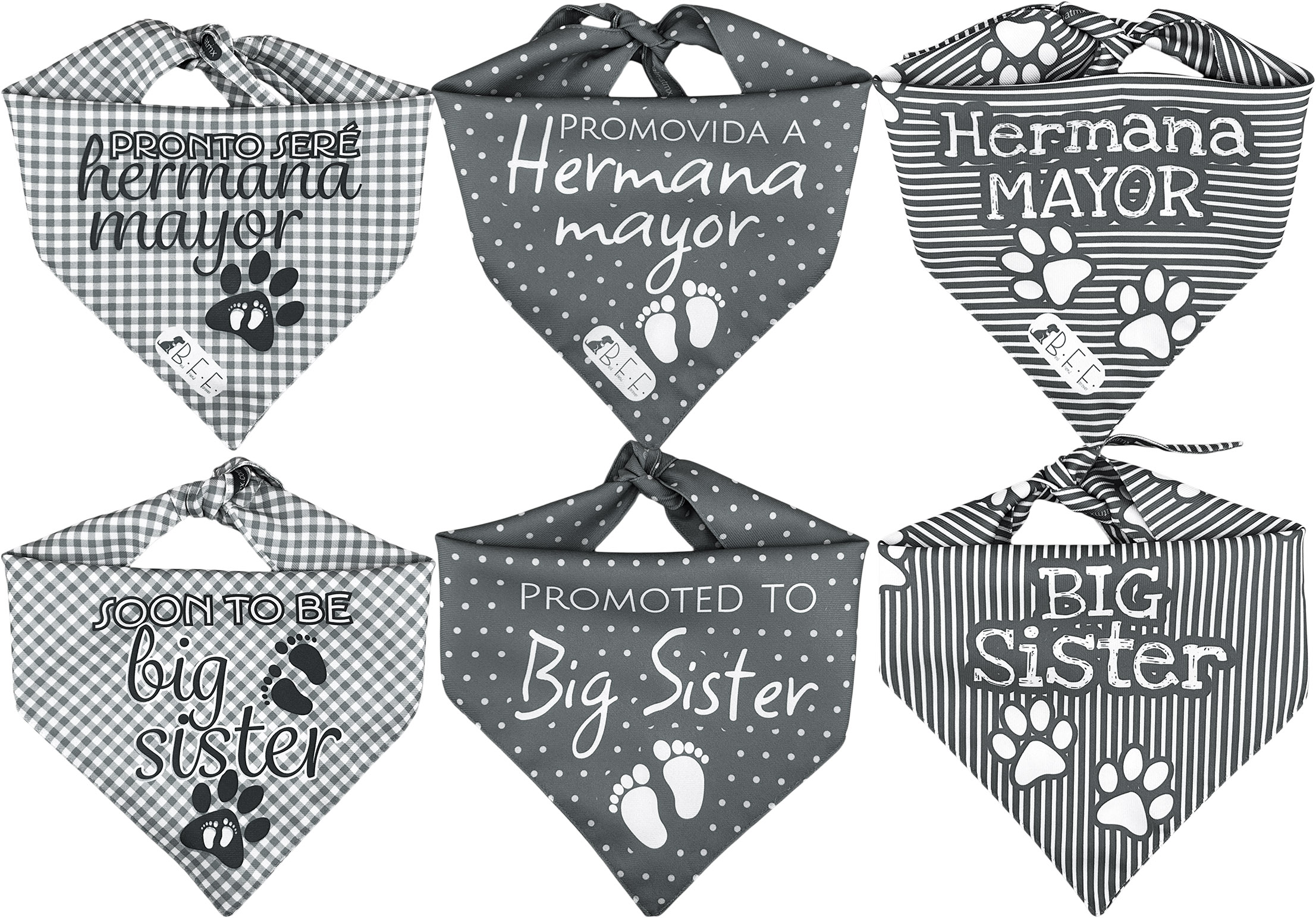 Kit 3 Bandanas Artesanales Para Perro Bff 040-hermana Mayor-gris Paliacate Doble Vista 6 Looks Diferentes.