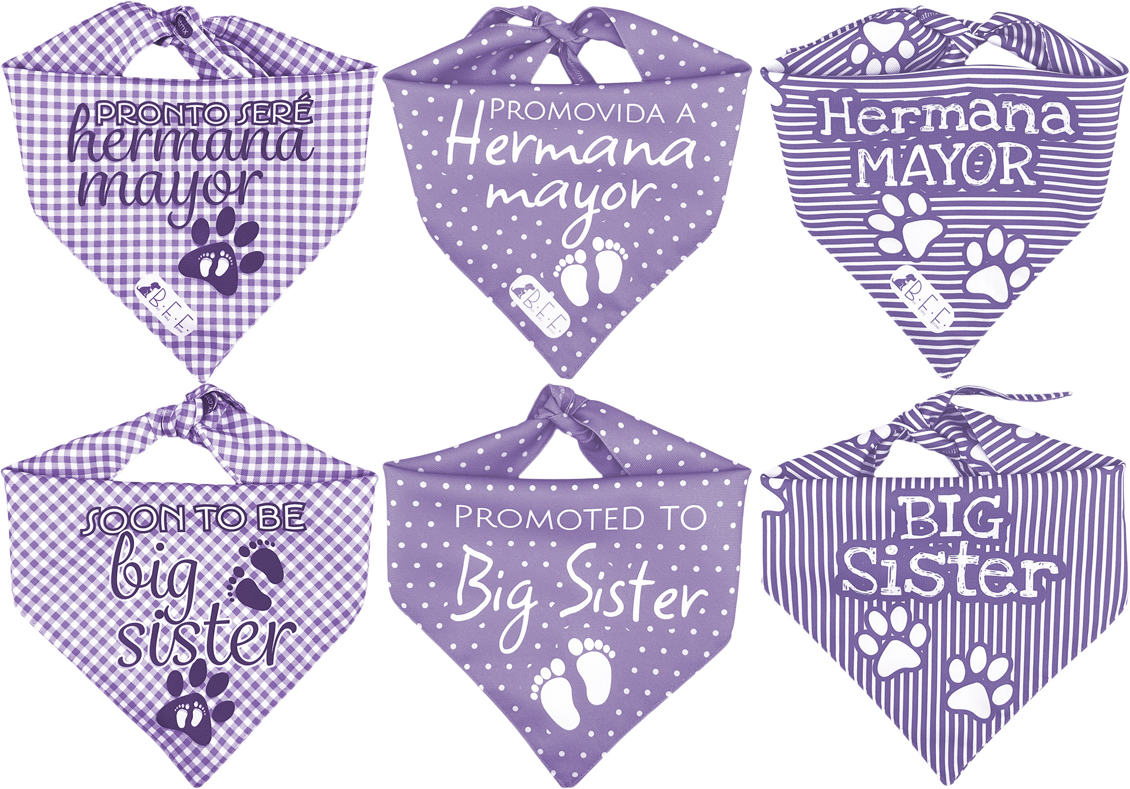 Kit 3 Bandanas Artesanales Para Perro Bff 040-hermana Mayor-lavanda Paliacate Doble Vista 6 Looks Diferentes.