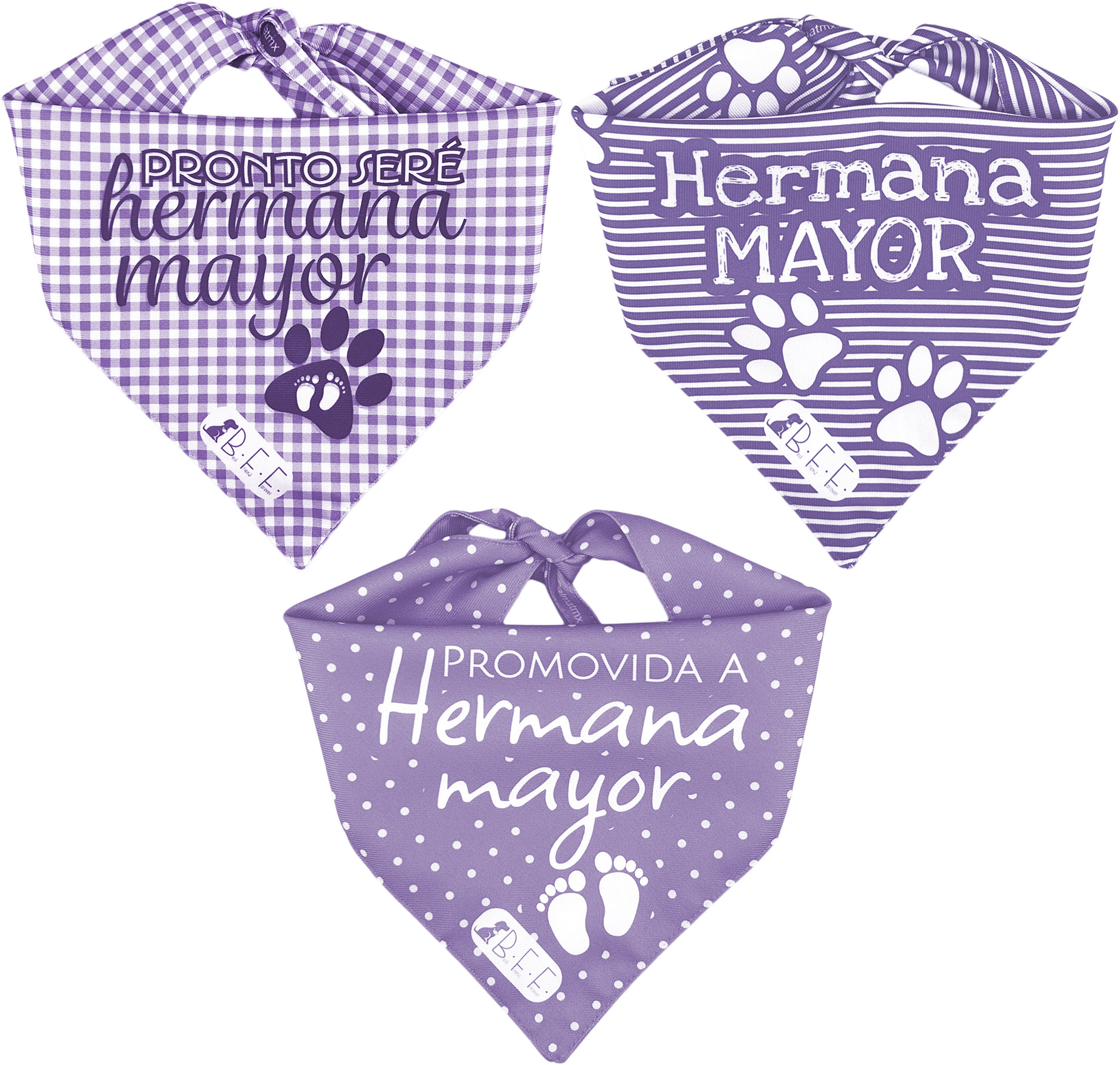 Foto 3 pulgar | Kit 3 Bandanas Artesanales Para Perro Bff 040-hermana Mayor-lavanda Paliacate Doble Vista 6 Looks Diferentes.