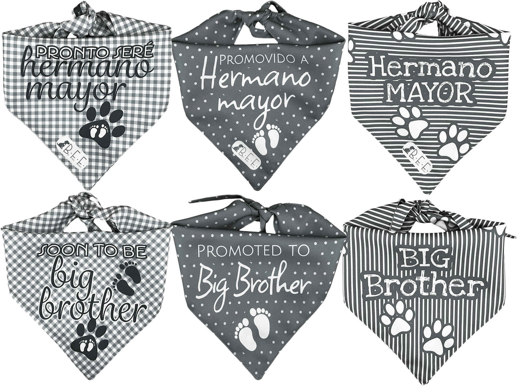 Kit 3 Bandanas Artesanales Para Perro Bff 040-hermano Mayor-gris Paliacate Doble Vista 6 Looks Diferentes.