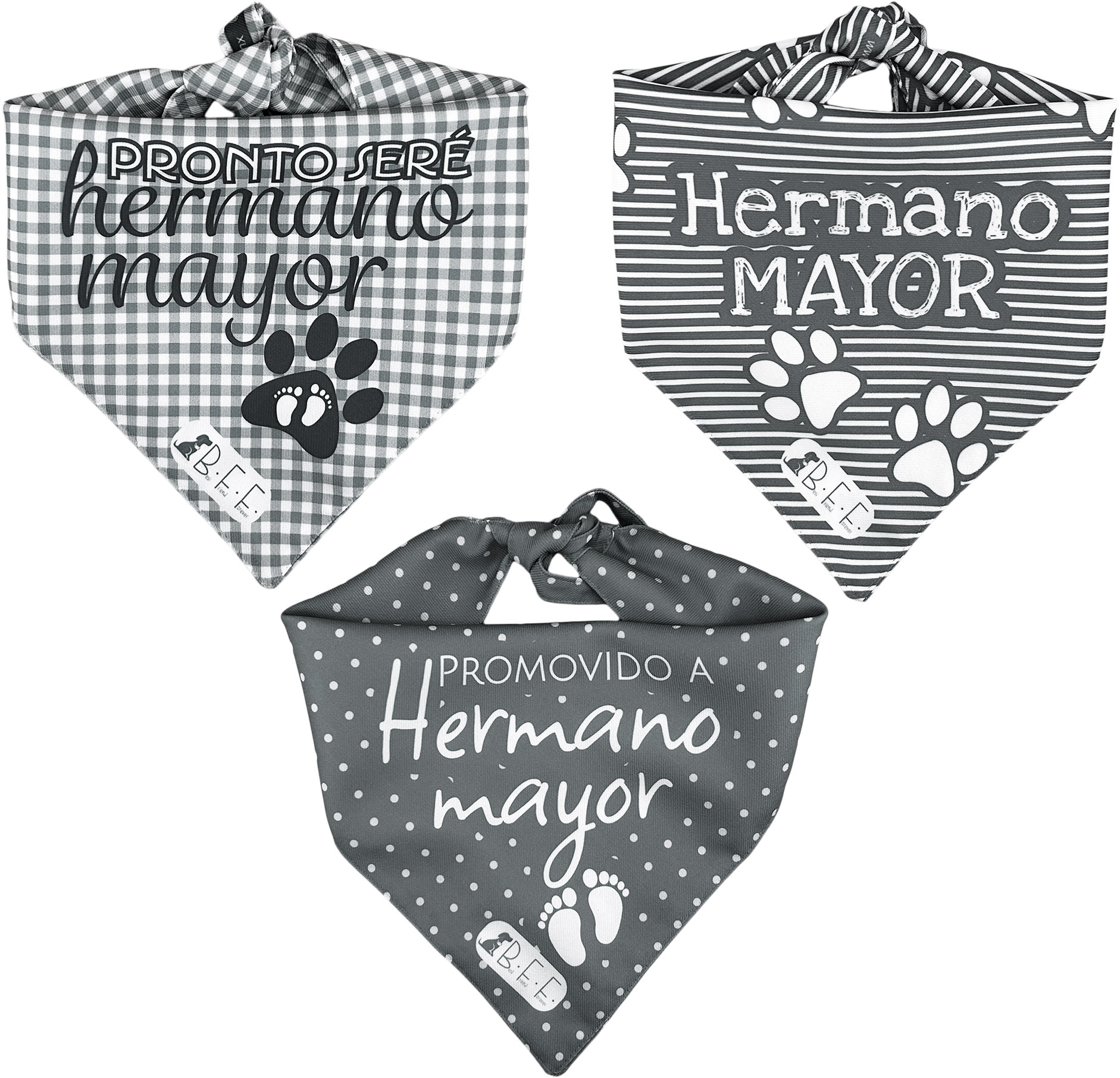 Foto 2 | Kit 3 Bandanas Artesanales Para Perro Bff 040-hermano Mayor-gris Paliacate Doble Vista 6 Looks Diferentes.