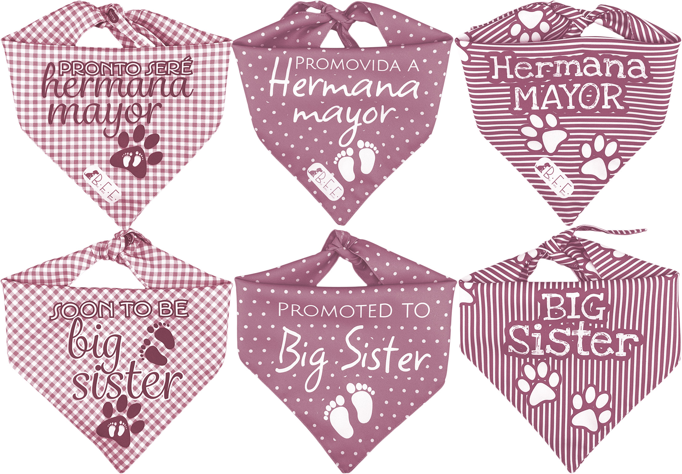 Kit 3 Bandanas Artesanales Para Perro Bff 040-hermana Mayor-vino Paliacate Doble Vista 6 Looks Diferentes.