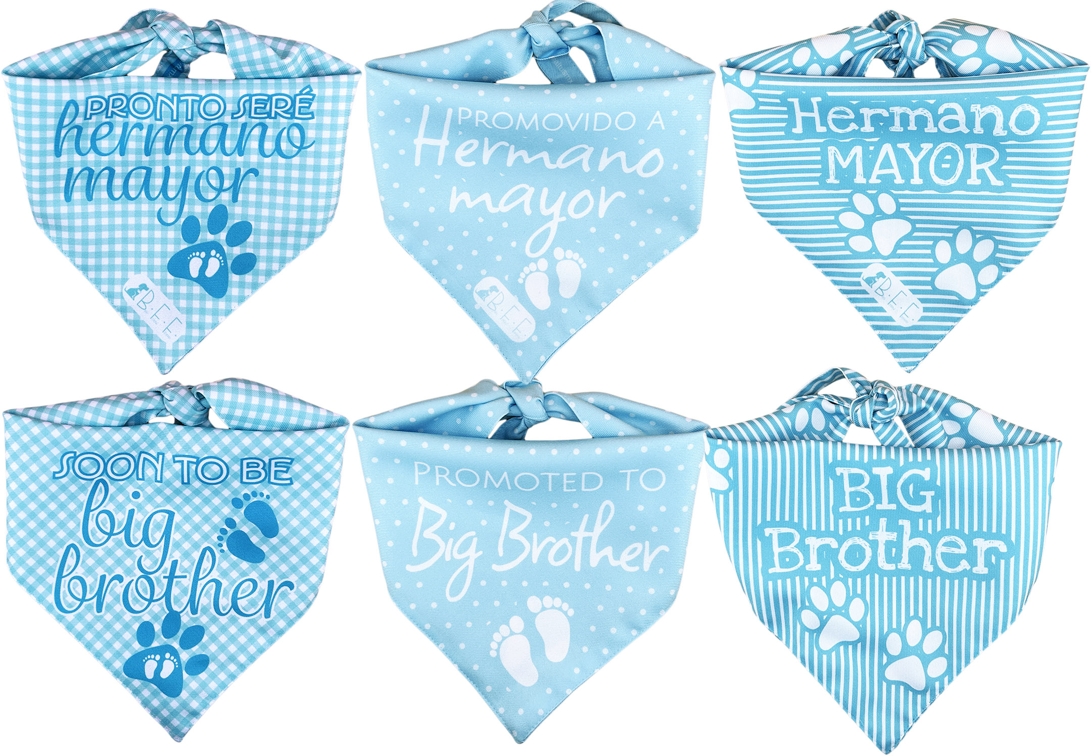 Kit 3 Bandanas Artesanales Para Perro Bff 040-hermano Mayor-azul Paliacate Doble Vista 6 Looks Diferentes.