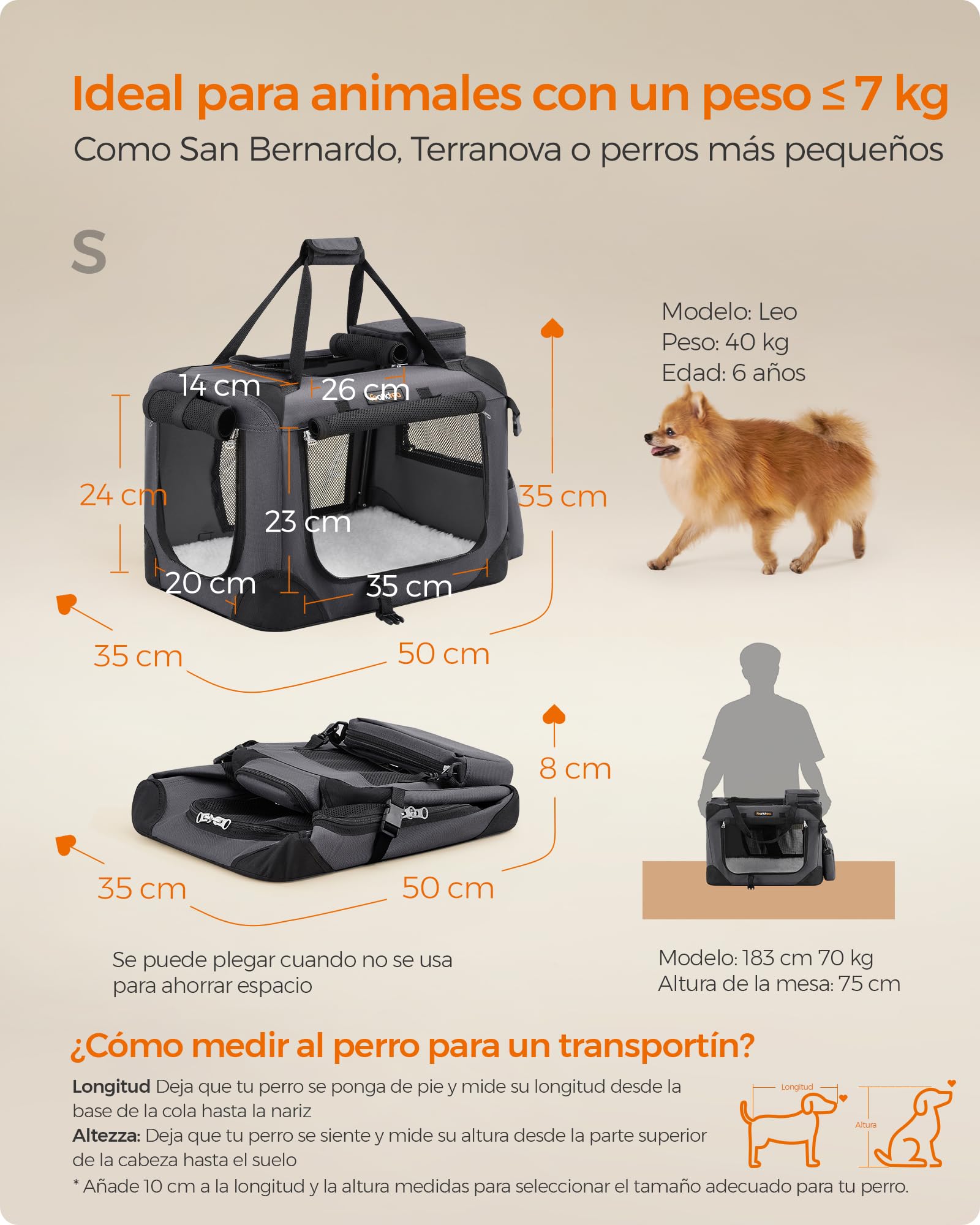 Foto 4 pulgar | Transportadora Feandrea Gris Plegable 50×35×35 cm Tela Oxford para Gatos o Perros