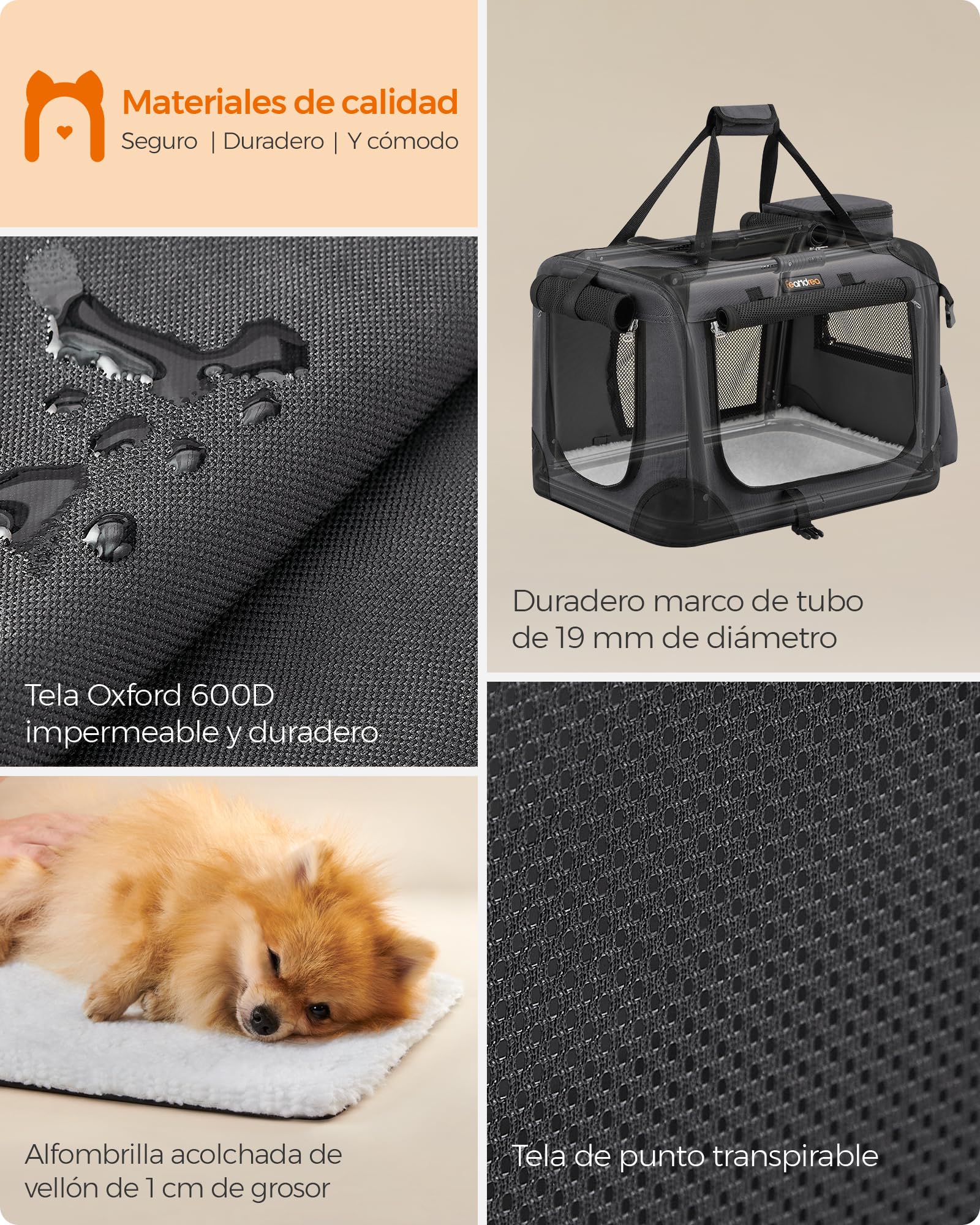 Foto 6 | Transportadora Feandrea Gris Plegable 50×35×35 cm Tela Oxford para Gatos o Perros