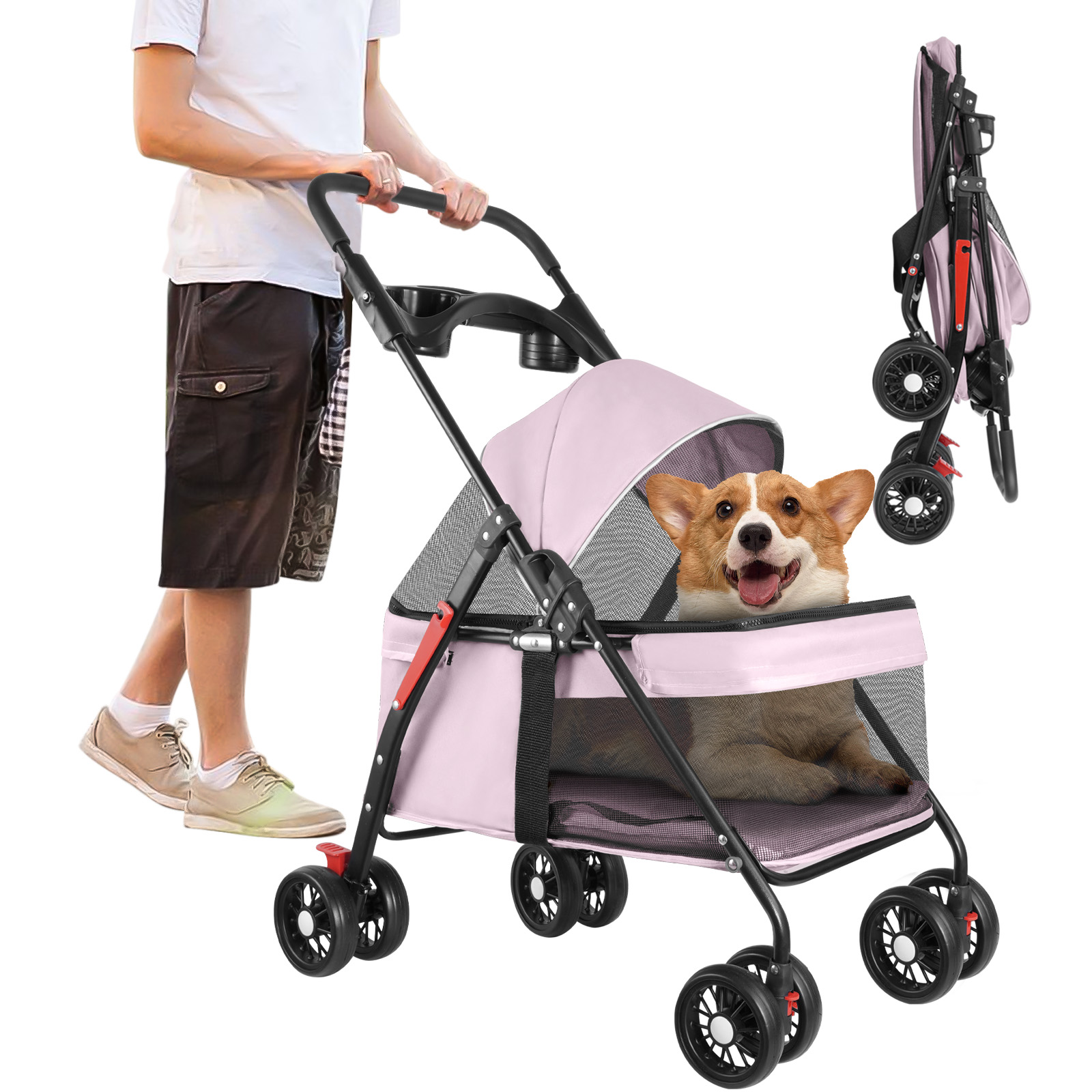 Foto 2 | Carriola Plegable para Perros y Gatos de Tamaño Mediano 4 Llantas con Giro 360° H10172 color Rosa