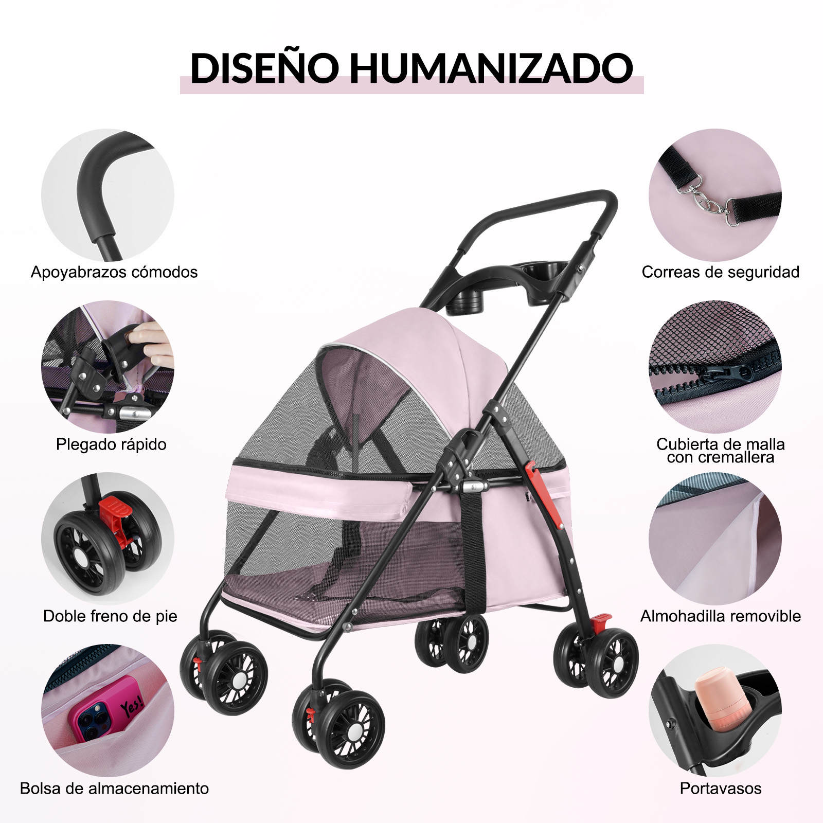 Foto 4 pulgar | Carriola Plegable para Perros y Gatos de Tamaño Mediano 4 Llantas con Giro 360° H10172 color Rosa