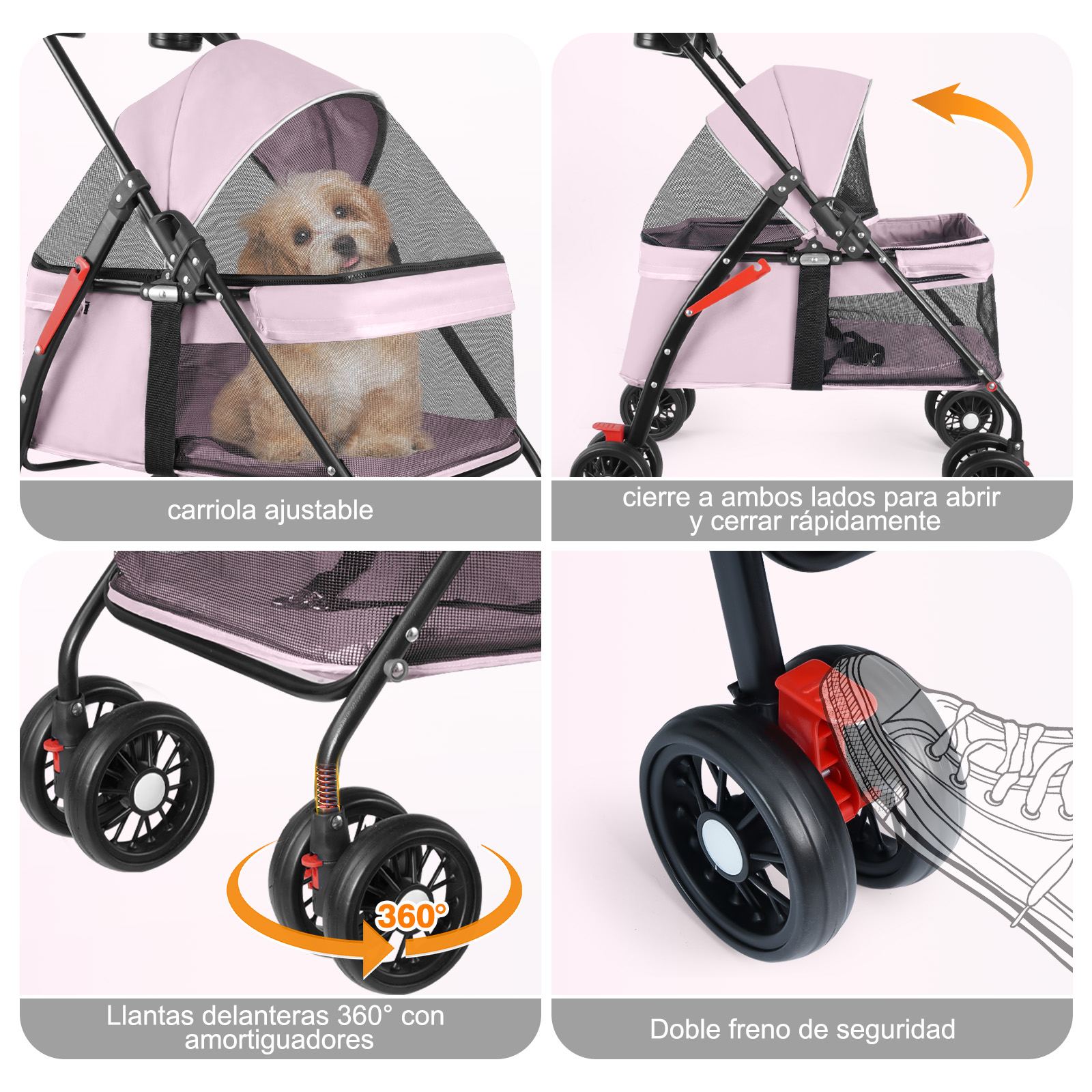 Foto 5 | Carriola Plegable para Perros y Gatos de Tamaño Mediano 4 Llantas con Giro 360° H10172 color Rosa