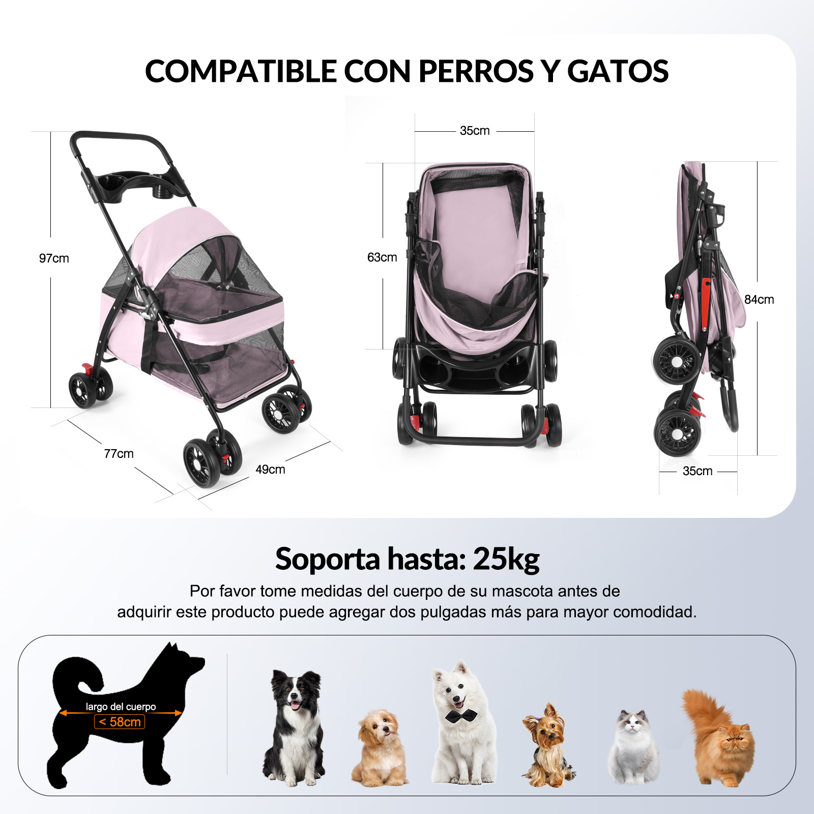 Foto 7 pulgar | Carriola Plegable para Perros y Gatos de Tamaño Mediano 4 Llantas con Giro 360° H10172 color Rosa