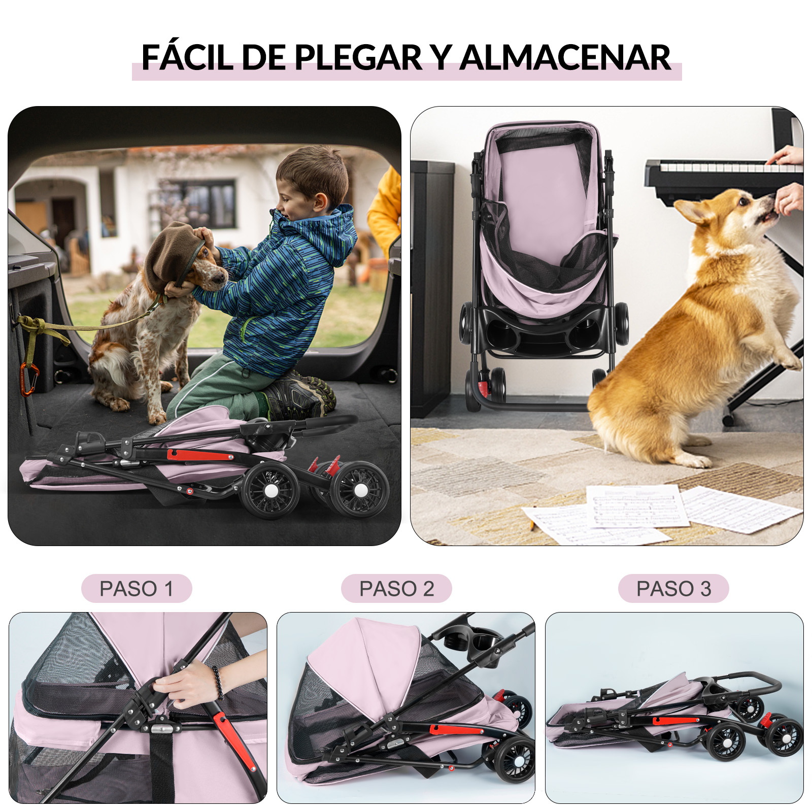 Foto 8 pulgar | Carriola Plegable para Perros y Gatos de Tamaño Mediano 4 Llantas con Giro 360° H10172 color Rosa