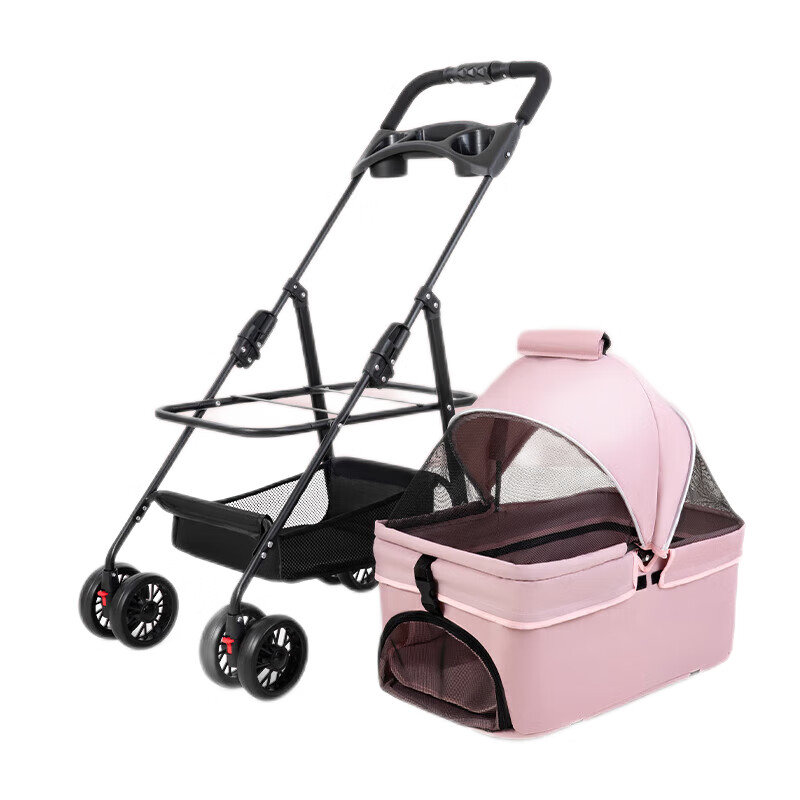 Carriola Plegable para Perros y Gatos de Tamaño Mediano 4 Llantas con Giro 360° y Forro Removible H10171 color Rosa