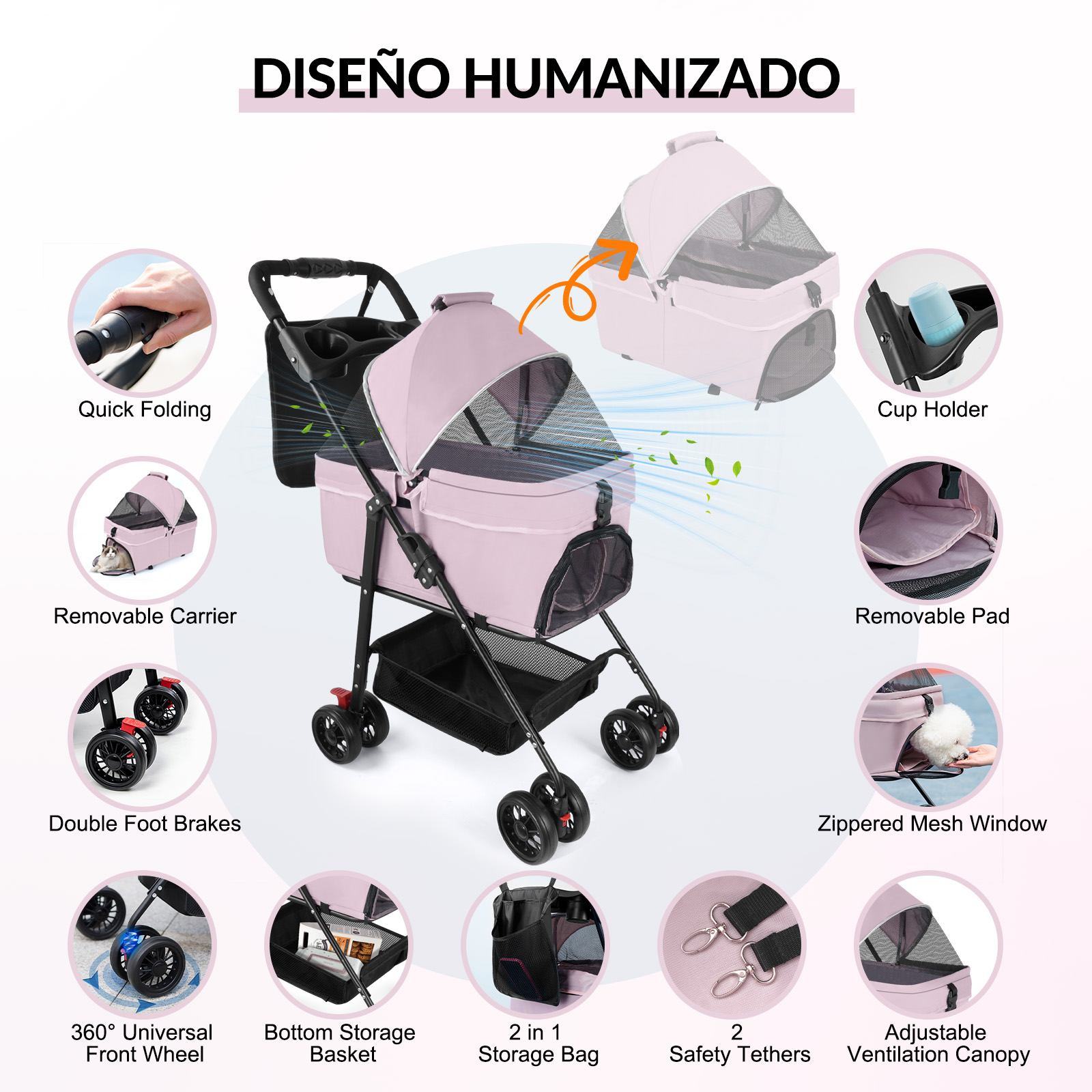 Foto 3 pulgar | Carriola Plegable para Perros y Gatos de Tamaño Mediano 4 Llantas con Giro 360° y Forro Removible H10171 color Rosa