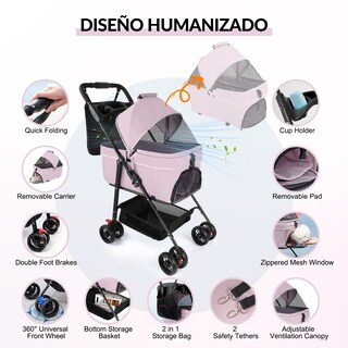 Foto 2 | Carriola Plegable para Perros y Gatos de Tamaño Mediano 4 Llantas con Giro 360° y Forro Removible H10171 color Rosa