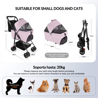 Foto 5 | Carriola Plegable para Perros y Gatos de Tamaño Mediano 4 Llantas con Giro 360° y Forro Removible H10171 color Rosa