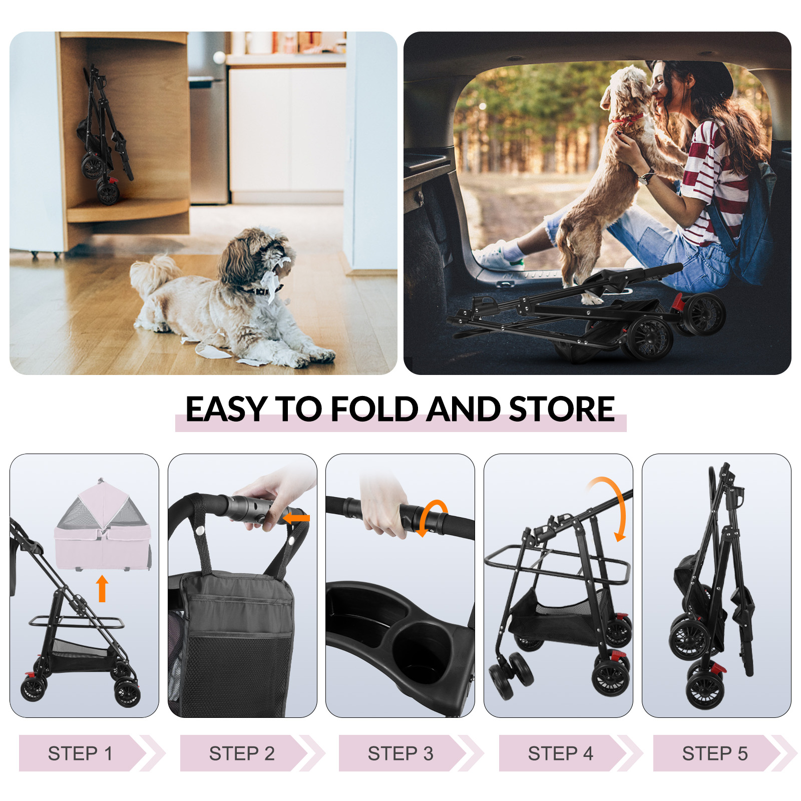 Foto 7 pulgar | Carriola Plegable para Perros y Gatos de Tamaño Mediano 4 Llantas con Giro 360° y Forro Removible H10171 color Rosa
