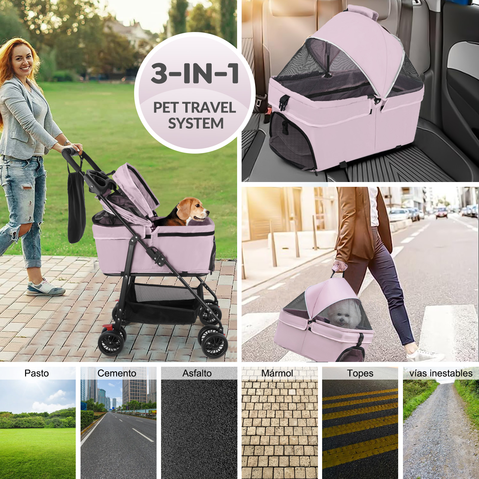 Foto 8 pulgar | Carriola Plegable para Perros y Gatos de Tamaño Mediano 4 Llantas con Giro 360° y Forro Removible H10171 color Rosa
