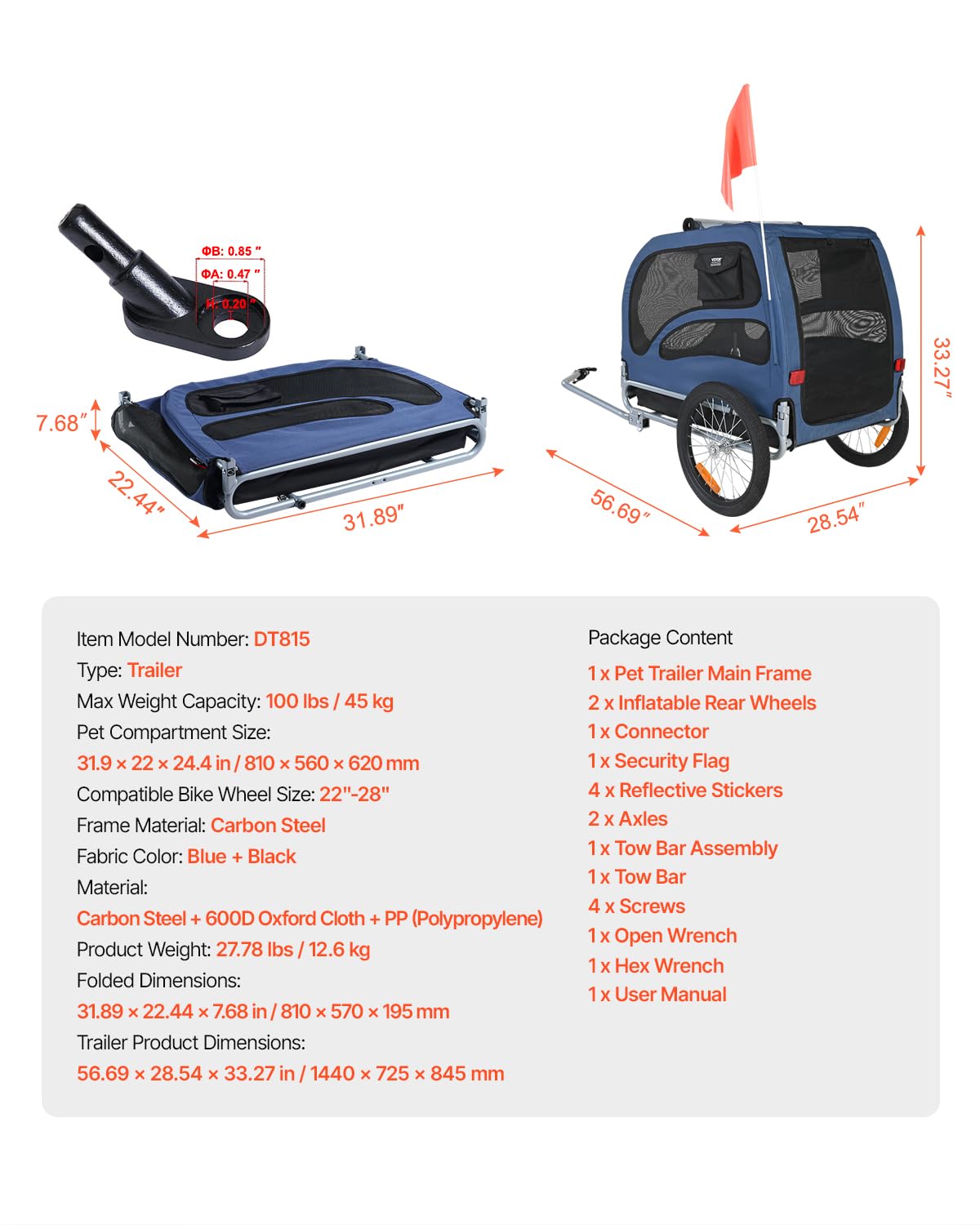 Foto 8 pulgar | Remolque Para Bicicleta Para Perros Vevor Soporta Un Marco Plegable De 45 Kg, Azul/negro - Venta Internacional.